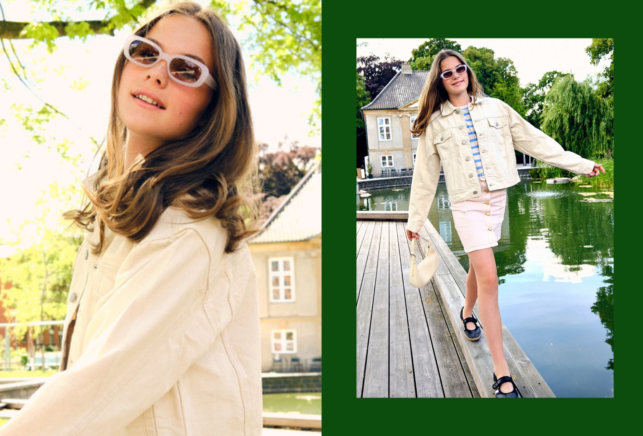 Teen fashion editorial Take Me Back to Tivoli photographed by Erica Allen in Copenhagen, featuring a girl in sunglasses, cream denim jacket and pink skirt by the lake for Scimparello Magazine.