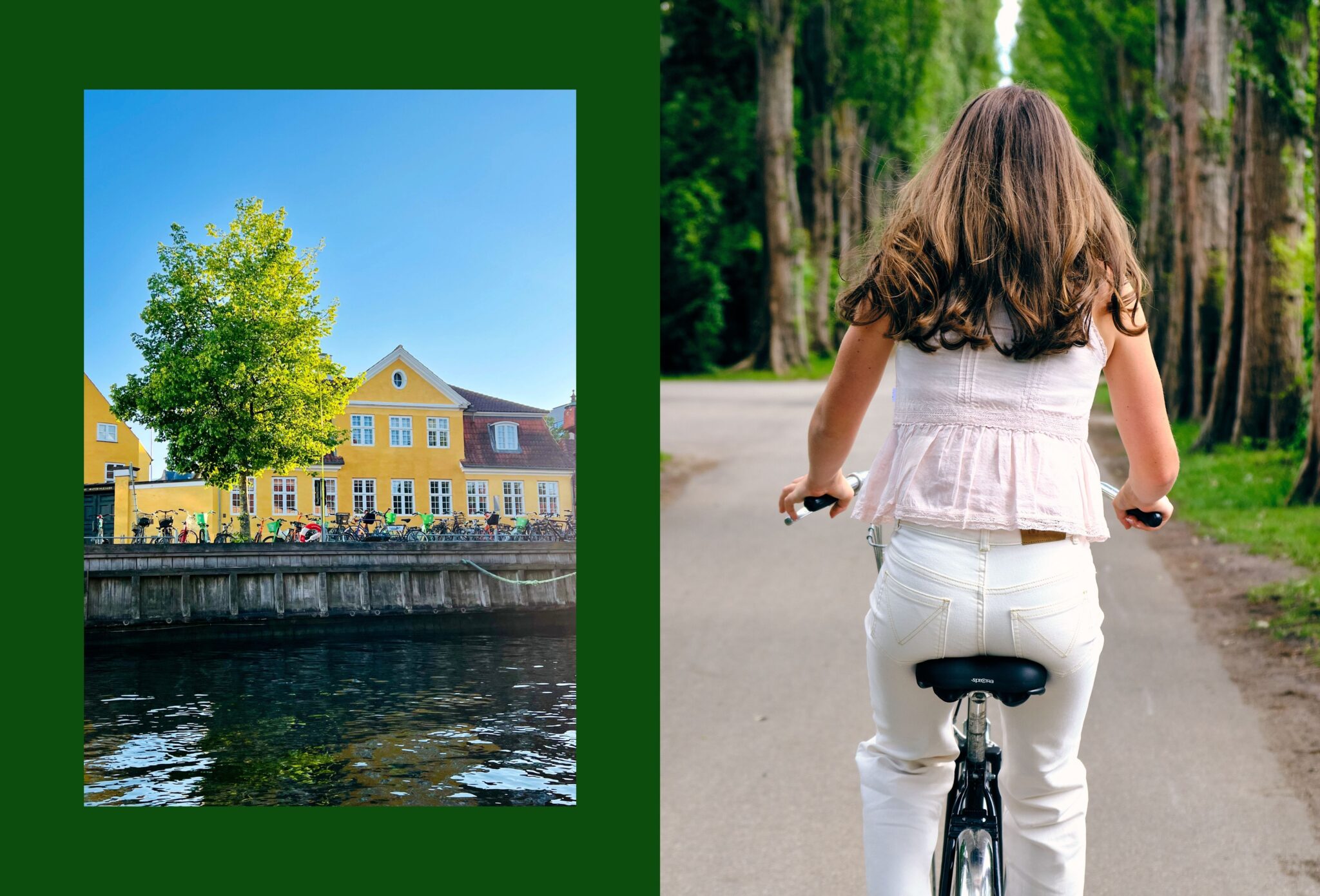 Teen fashion editorial Take Me Back to Tivoli photographed by Erica Allen in Copenhagen, featuring a girl cycling through a green park beside a yellow waterfront building for Scimparello Magazine.
