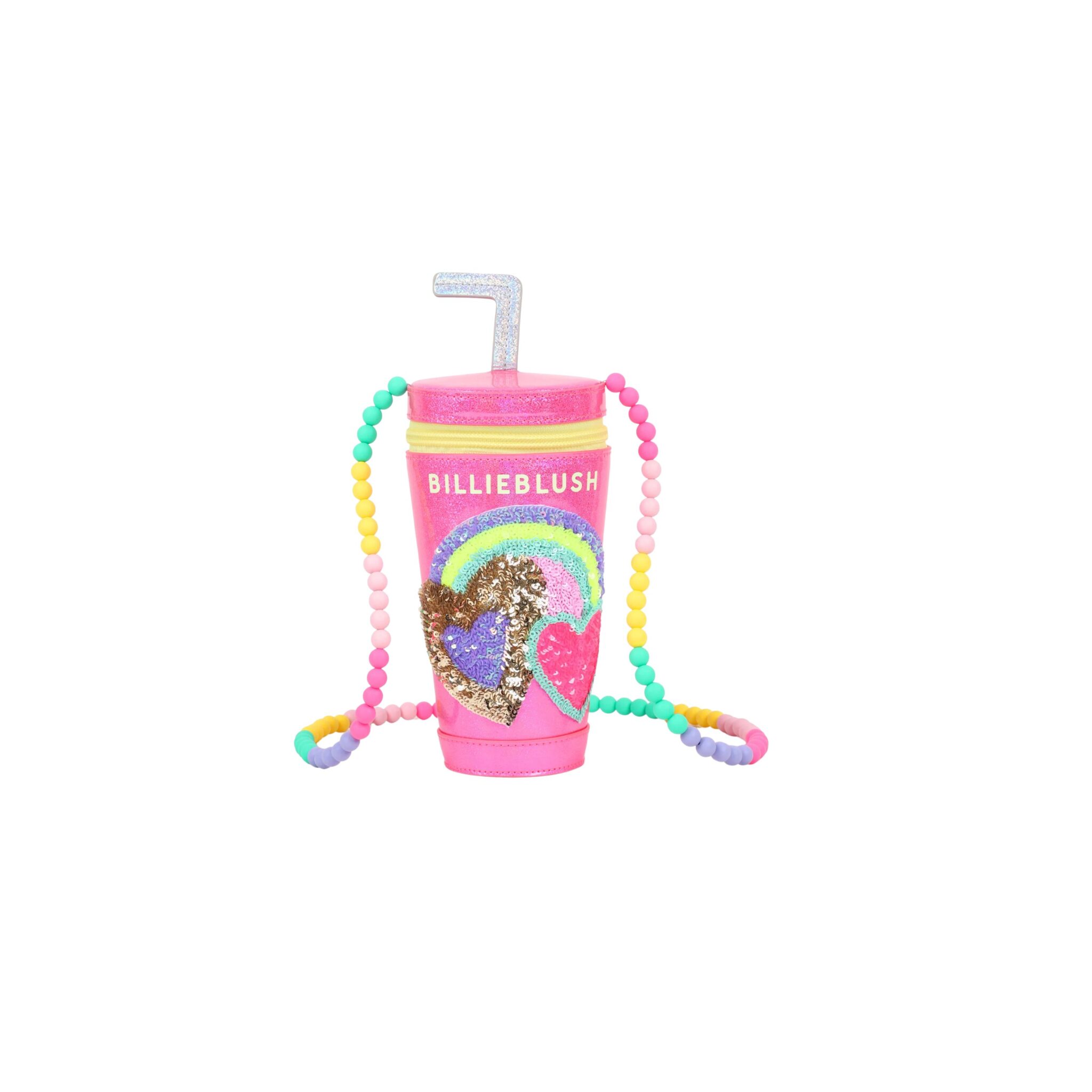 Borsa Billieblush a tracolla a forma di bicchiere con cannuccia, realizzata in tessuto glitterato rosa. Decorata con applicazioni di paillettes raffiguranti un arcobaleno, un cuore e un gelato, presenta una tracolla di perline multicolore ed è fotografata su sfondo bianco.