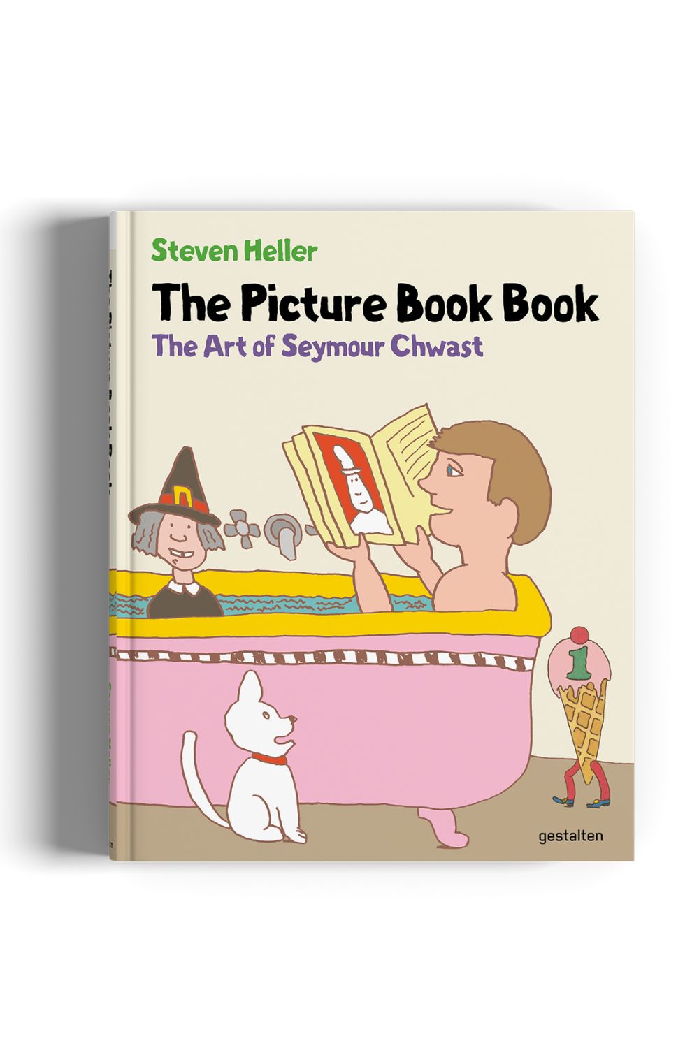 Cover of The Picture Book Book: The Art of Seymour Chwast published by gestalten, featuring a whimsical illustration of a child reading in a pink bathtub with a cat, a pilgrim and a walking ice cream.