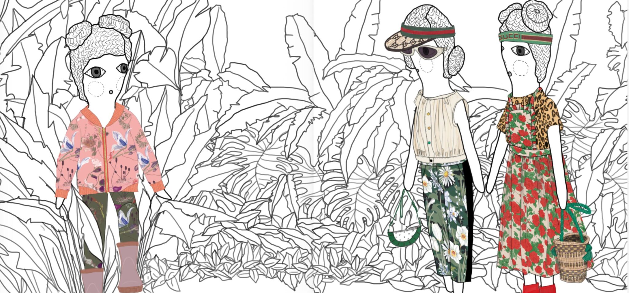 llustrated fashion story Go Out and See the World by Alejandra Salvatore, featuring doll-like children in colourful patterned outfits, boots and accessories surrounded by a jungle-style line drawing, from the Scimparello Magazine archive 2019.