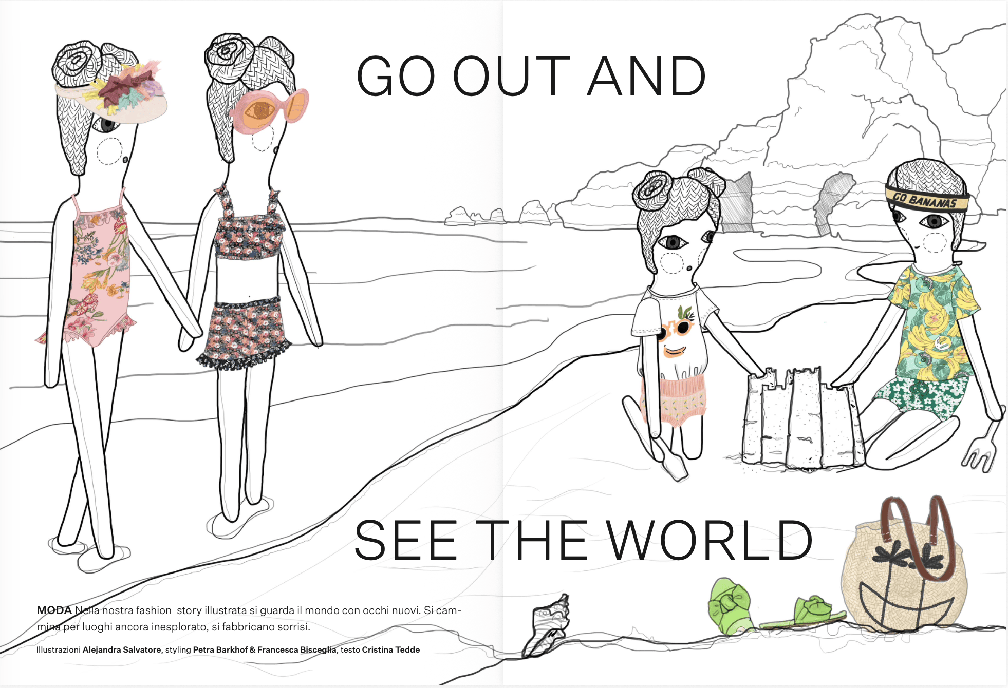 Illustrated beach fashion story Go Out and See the World by Alejandra Salvatore, showing children in colourful swimwear and summer accessories exploring a seaside landscape, from the Scimparello Magazine archive 2019.