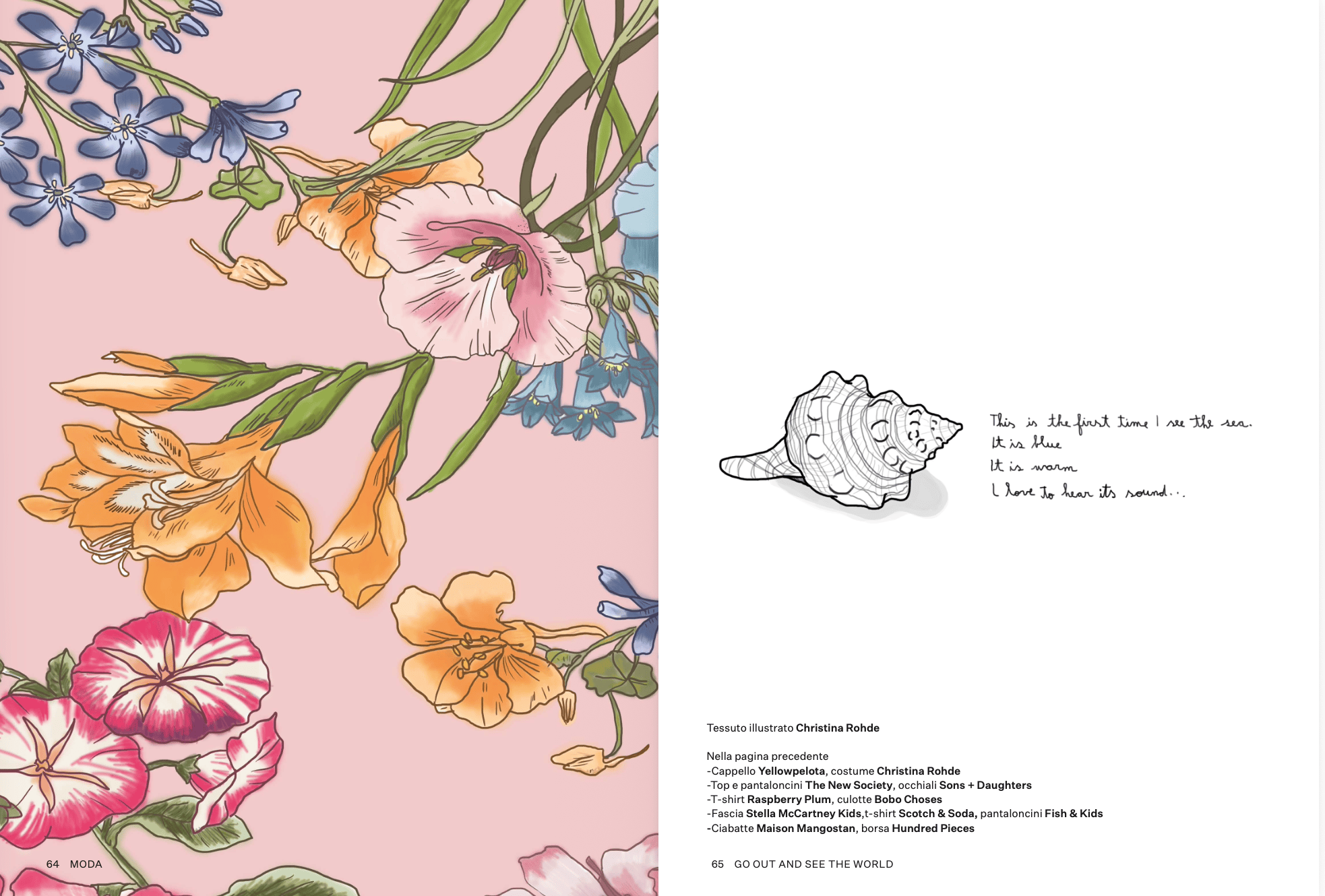 Illustrated floral fabric page and seashell drawing from Go Out and See the World by Alejandra Salvatore, an illustrated fashion story from the Scimparello Magazine archive 2019.