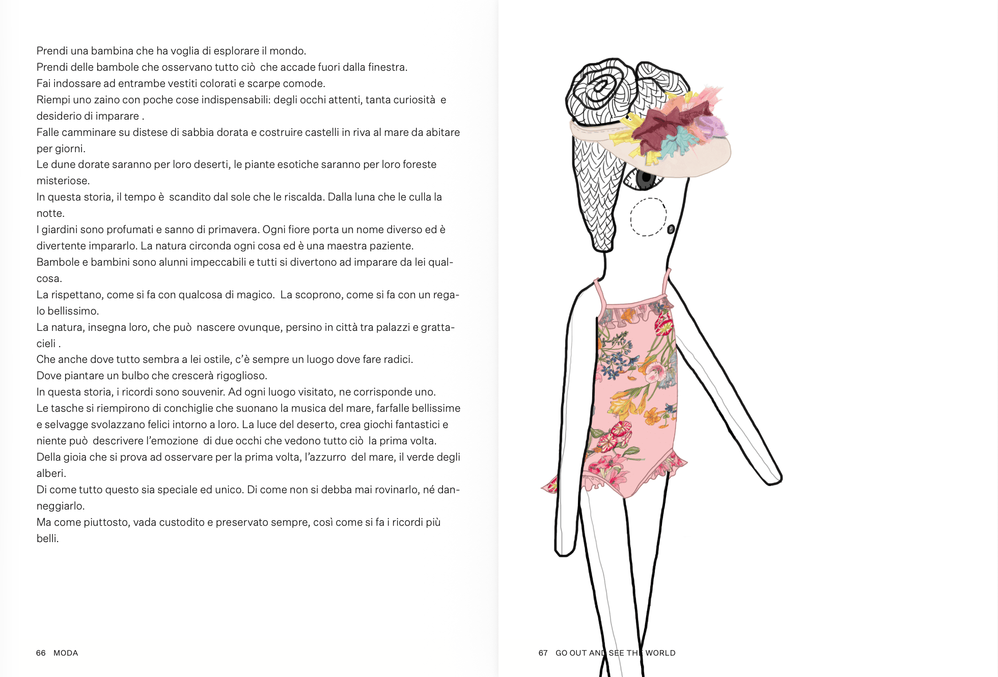 Illustrated fashion story Go Out and See the World by Alejandra Salvatore, featuring a doll-like child in a floral swimsuit and embellished visor beside an Italian text about nature, travel and discovery, from the Scimparello Magazine archive 2019.