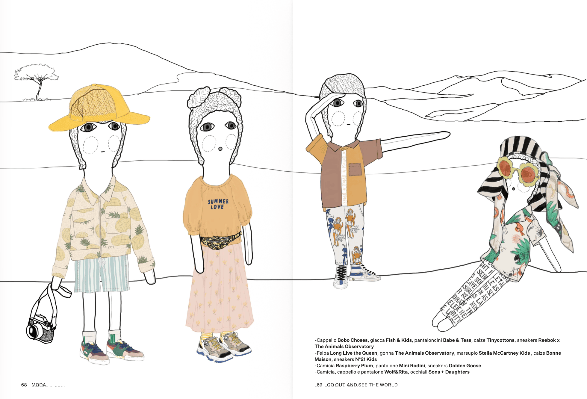 Illustrated fashion story Go Out and See the World by Alejandra Salvatore, featuring doll-like children in playful summer outfits, hats, sneakers and swimwear against a minimal landscape, from the Scimparello Magazine archive 2019.