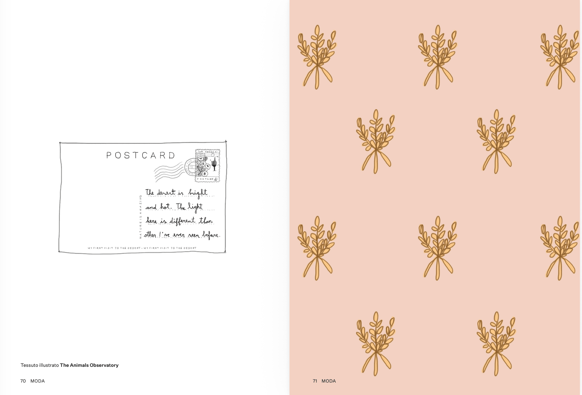 Illustrated postcard and desert-inspired floral pattern from Go Out and See the World by Alejandra Salvatore, an illustrated fashion story from the Scimparello Magazine archive 2019.