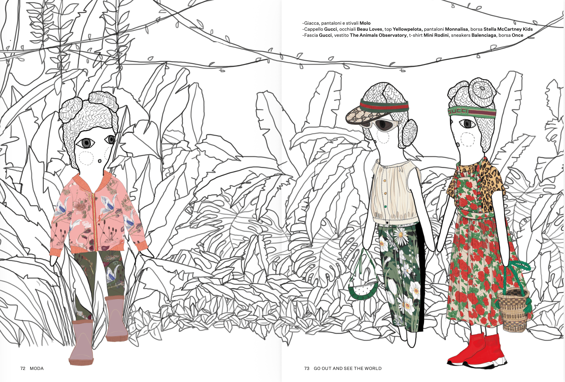 llustrated fashion story Go Out and See the World by Alejandra Salvatore, featuring doll-like children in colourful patterned outfits, boots and accessories surrounded by a jungle-style line drawing, from the Scimparello Magazine archive 2019.