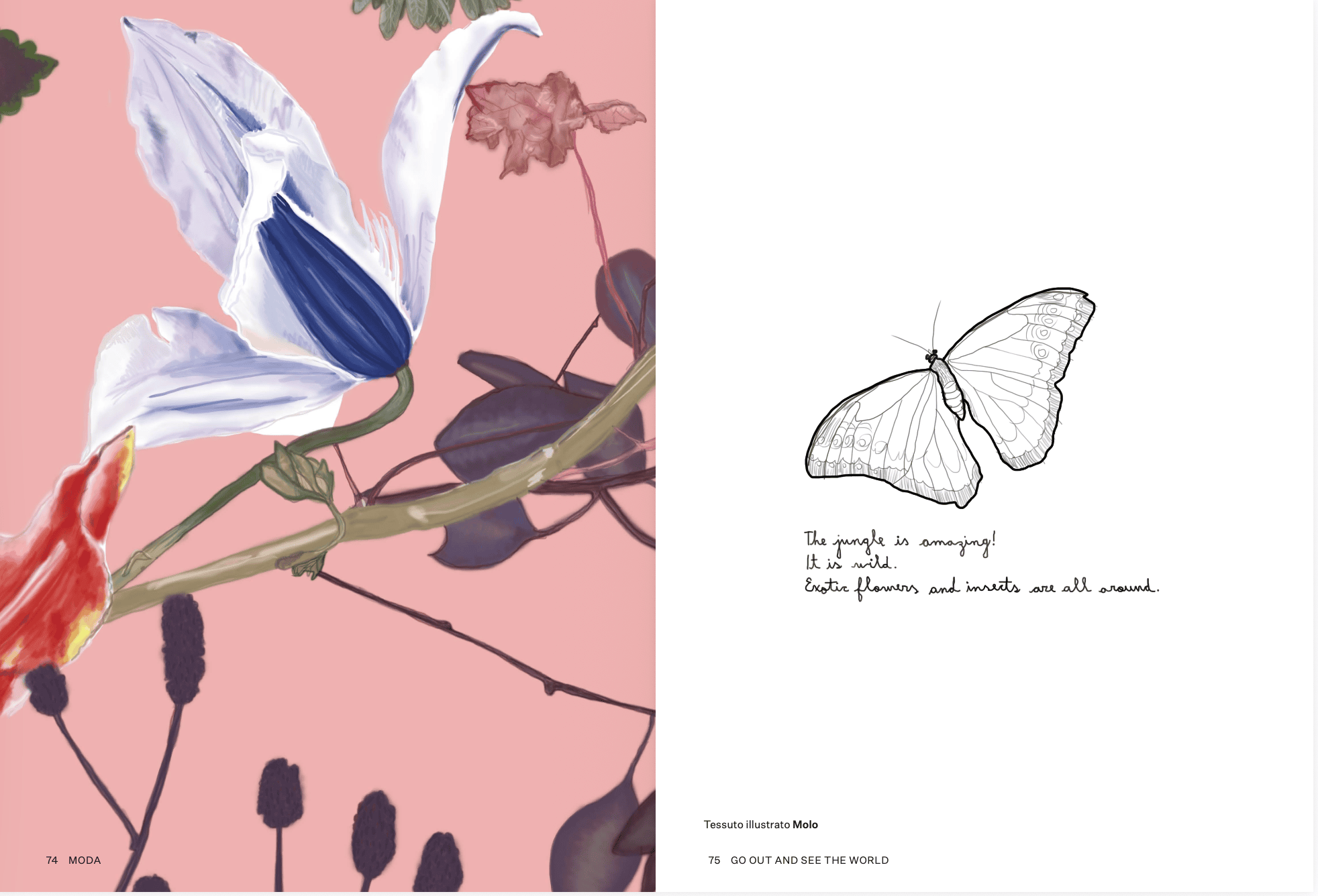 Illustrated floral page and butterfly drawing from Go Out and See the World by Alejandra Salvatore, an illustrated fashion story from the Scimparello Magazine archive 2019.
