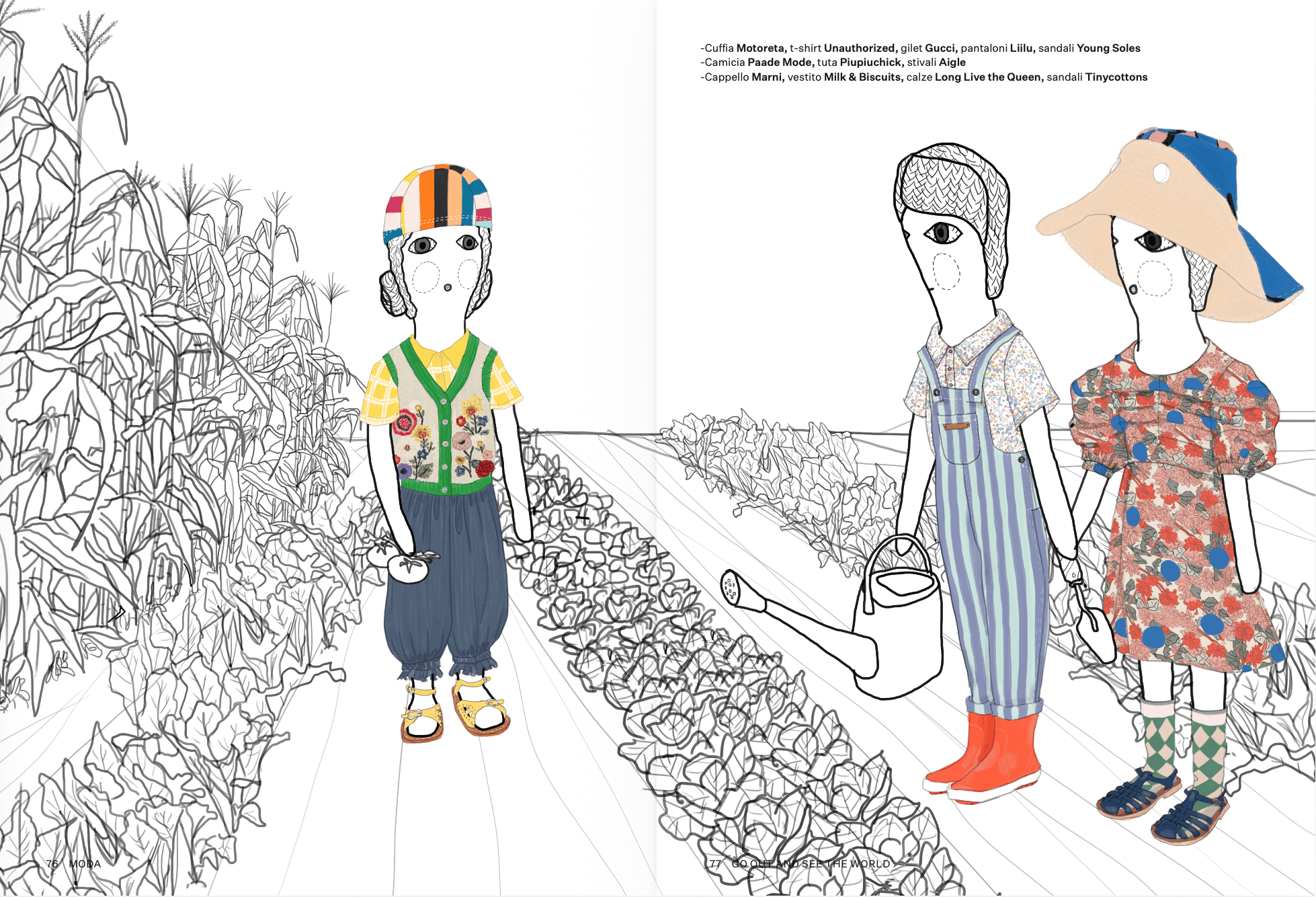 Illustrated fashion story Go Out and See the World by Alejandra Salvatore, featuring doll-like children in colourful garden outfits, hats, boots and sandals among vegetable fields, from the Scimparello Magazine archive 2019.
