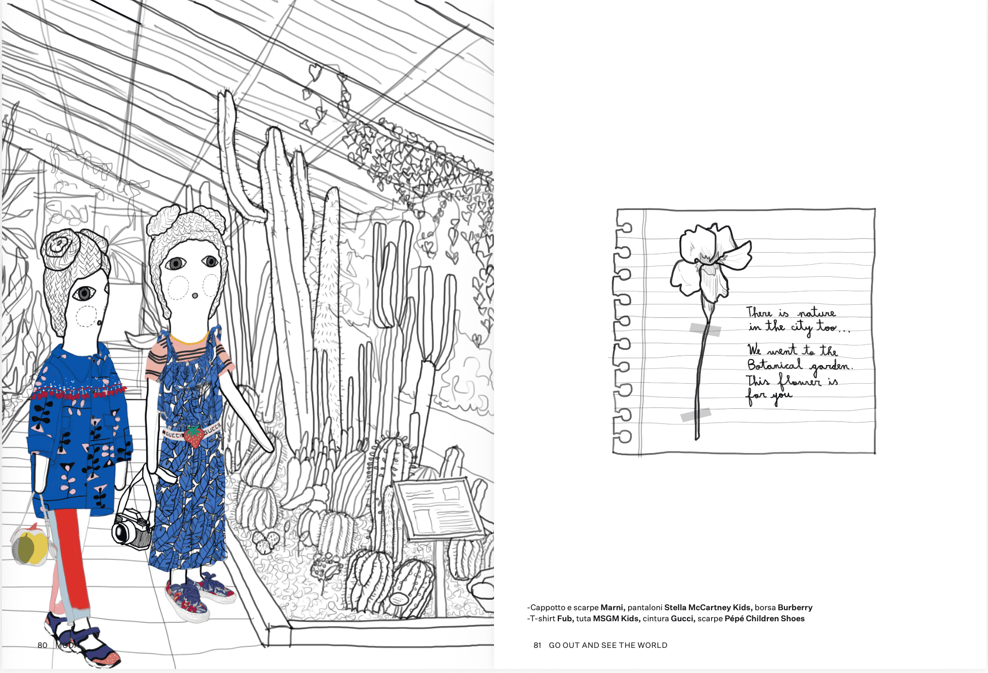 Illustrated fashion story Go Out and See the World by Alejandra Salvatore, featuring doll-like children in bold blue outfits exploring a cactus greenhouse, from the Scimparello Magazine archive 2019.