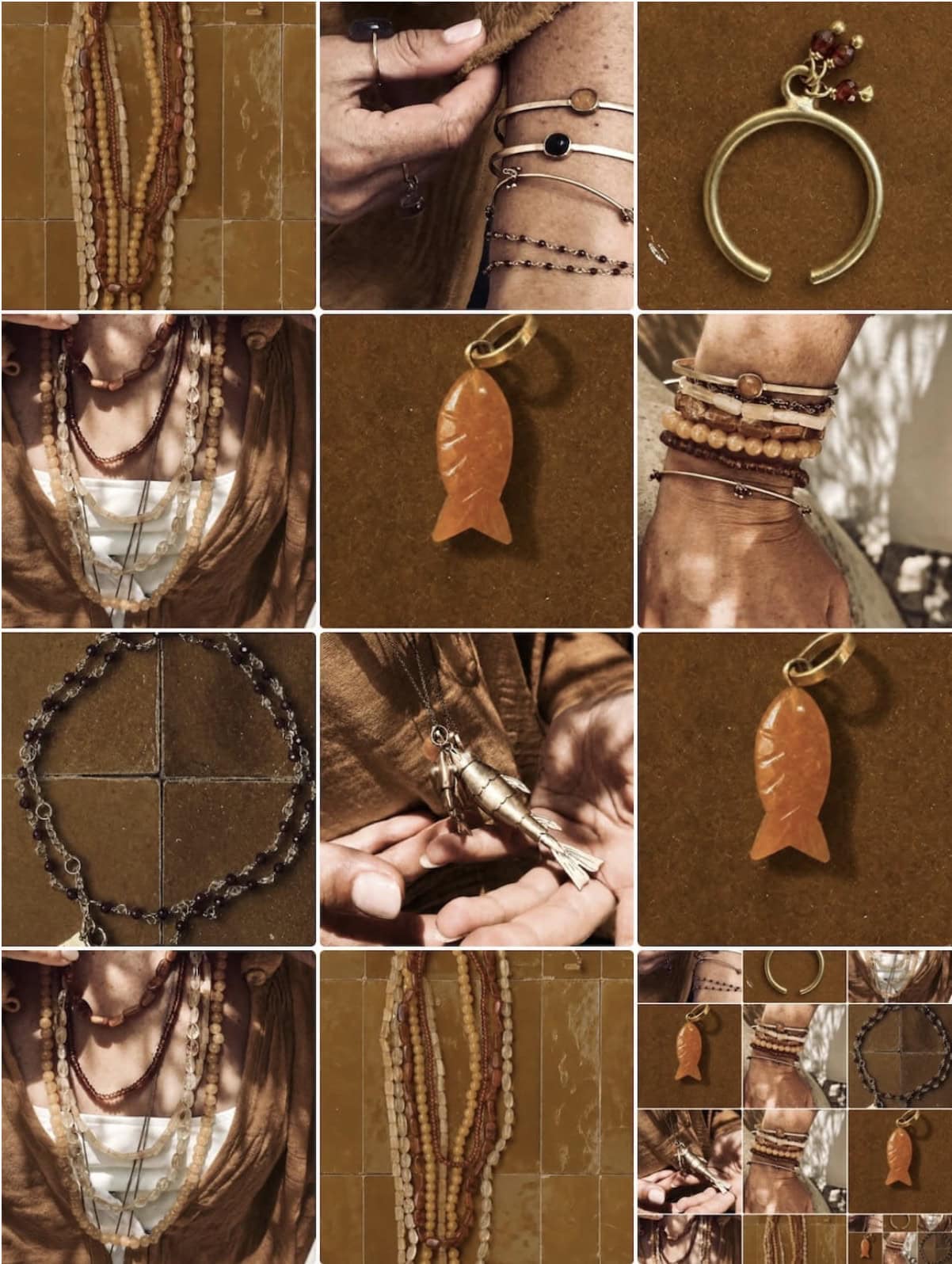N°74 jewelry handmade in India, shown in a warm-toned collage with natural stone necklaces, brass cuffs, beaded bracelets and the Wave Fish pendant for Scimparello Magazine.