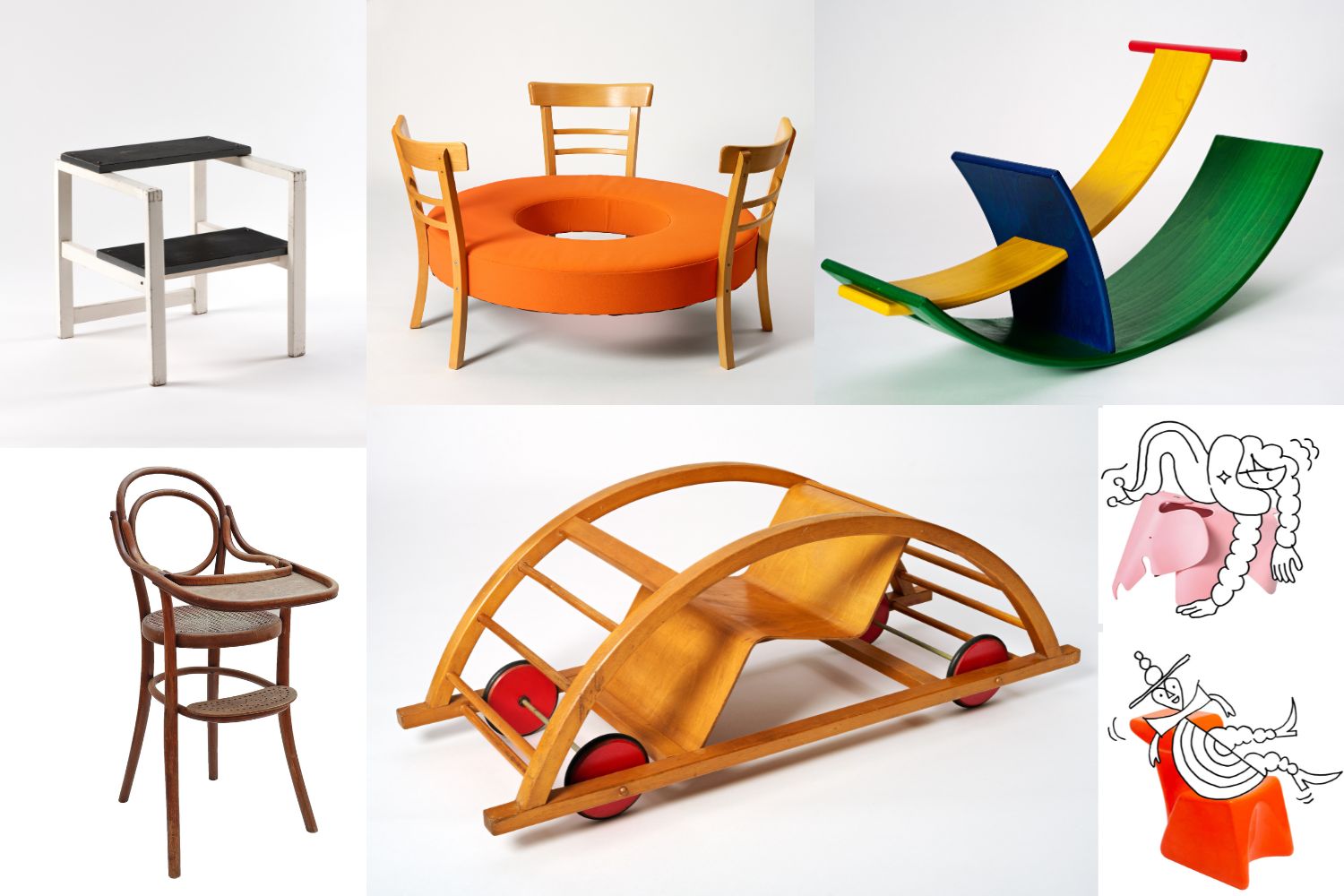 Collage of children’s chairs and playful furniture designs from the exhibition Minimöbel: Stühle für Kinder in Hamburg, featuring colourful rocking chairs, wooden seating and illustrated designs for Scimparello Magazine.