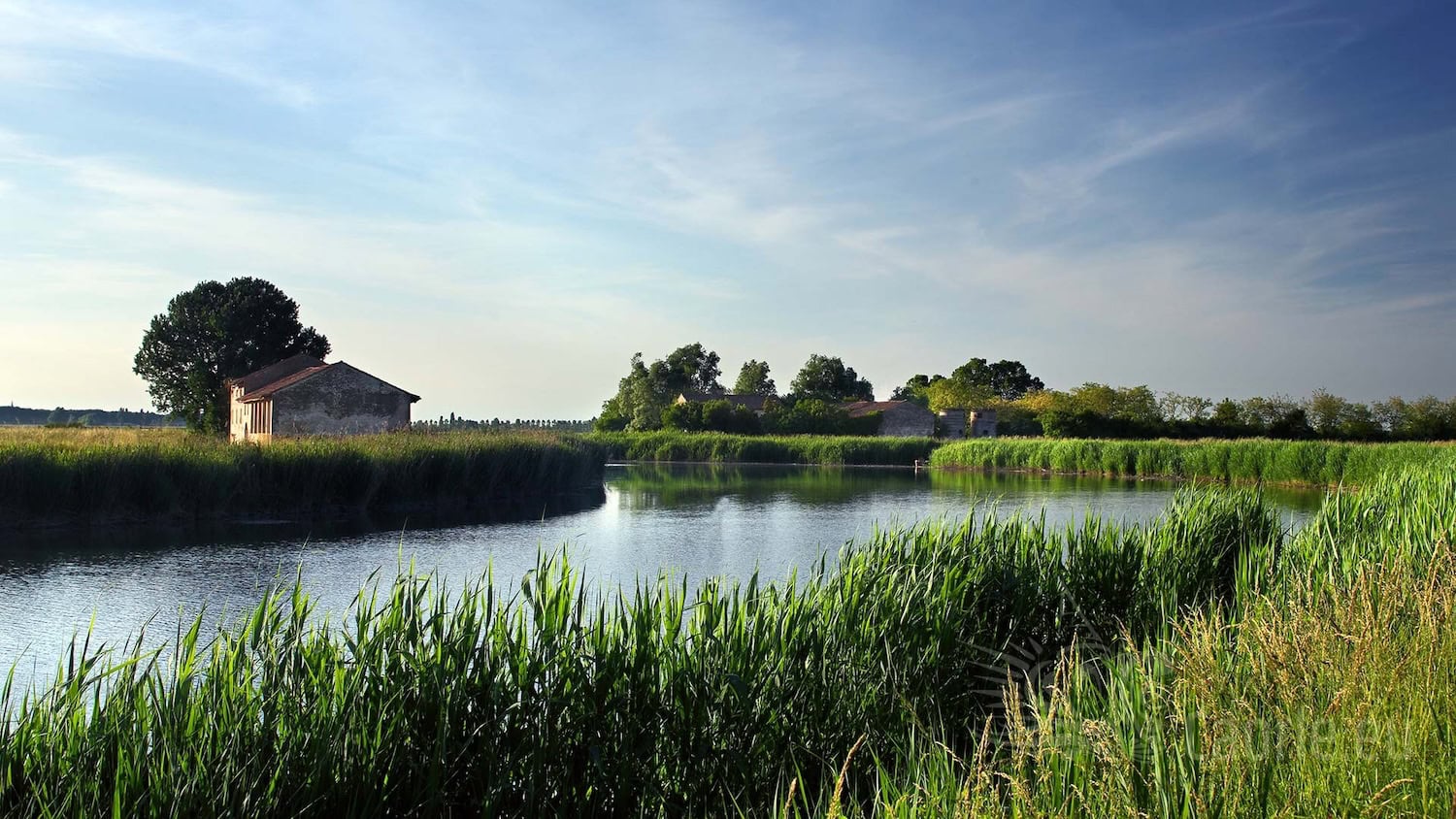 Peaceful lagoon near Ca' Corniani in Caorle, surrounded by reeds and traditional rural houses, an ideal destination for family e-bike excursions and nature adventures.