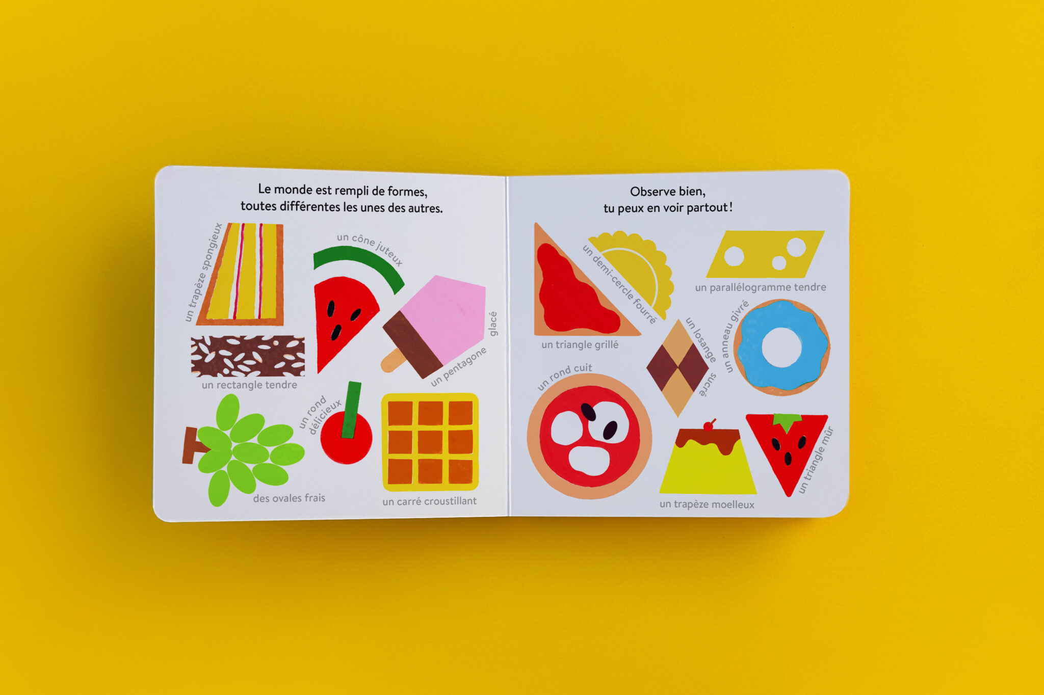 Interior pages from Gaia Stella's Croc'Formes board book showcasing colourful food illustrations transformed into geometric shapes. Pizza slices, fruit, waffles, cheese and pastries introduce toddlers to triangles, circles, rectangles, ovals and other basic forms through vibrant minimalist illustrations.