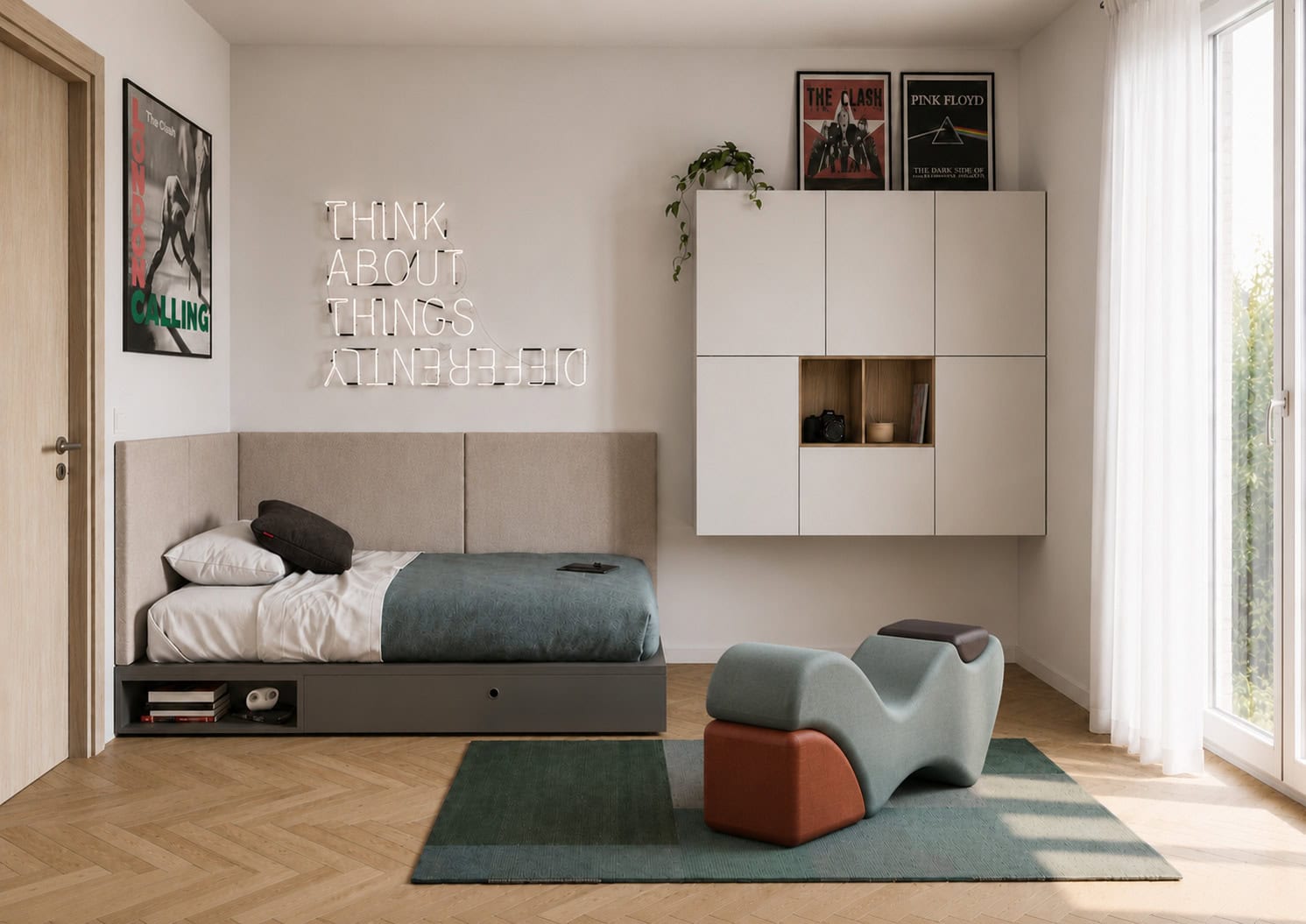 Modern teenager's bedroom featuring a minimalist Nidi interior with a single bed, upholstered headboard, floating modular wall cabinet, geometric lounge chair, large window with natural light, and contemporary décor designed to evolve with a child's growth.