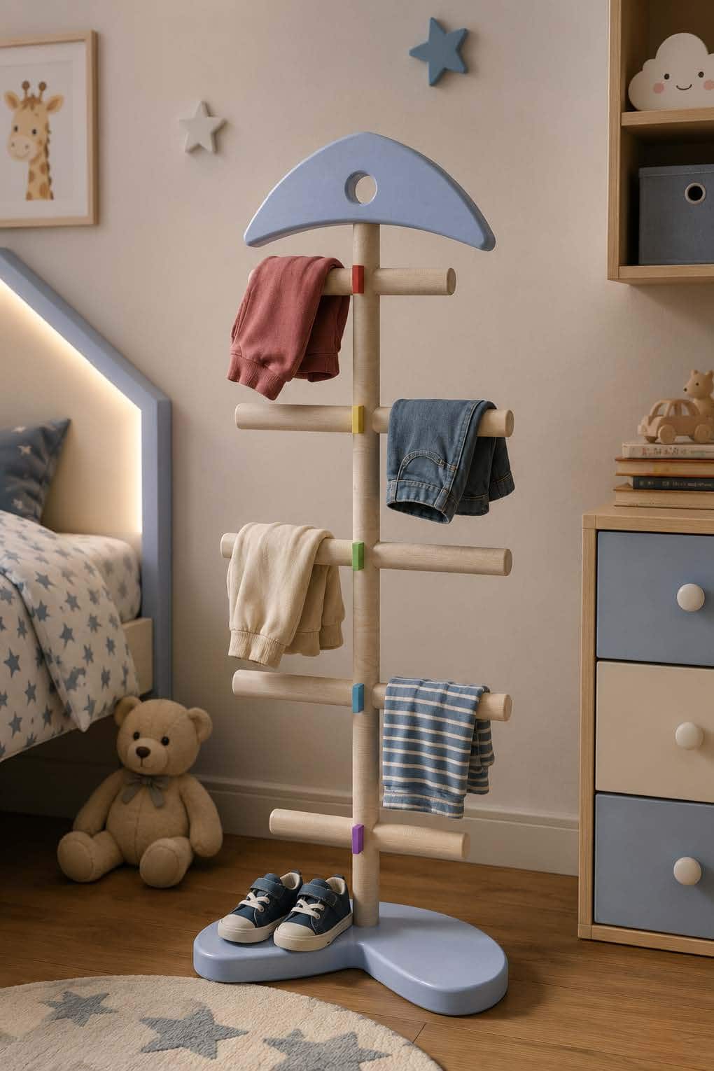 Prototype of a modular children's coat rack developed during the Wear & Grow workshop, designed to adapt as children grow and encourage independence in organising clothes and everyday essentials.