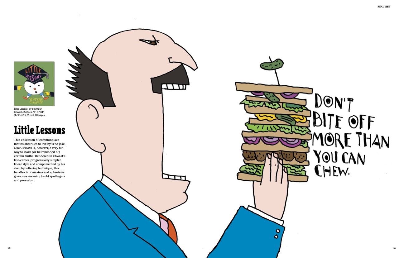 Seymour Chwast illustration of a man attempting to eat an oversized sandwich beside the handwritten phrase 