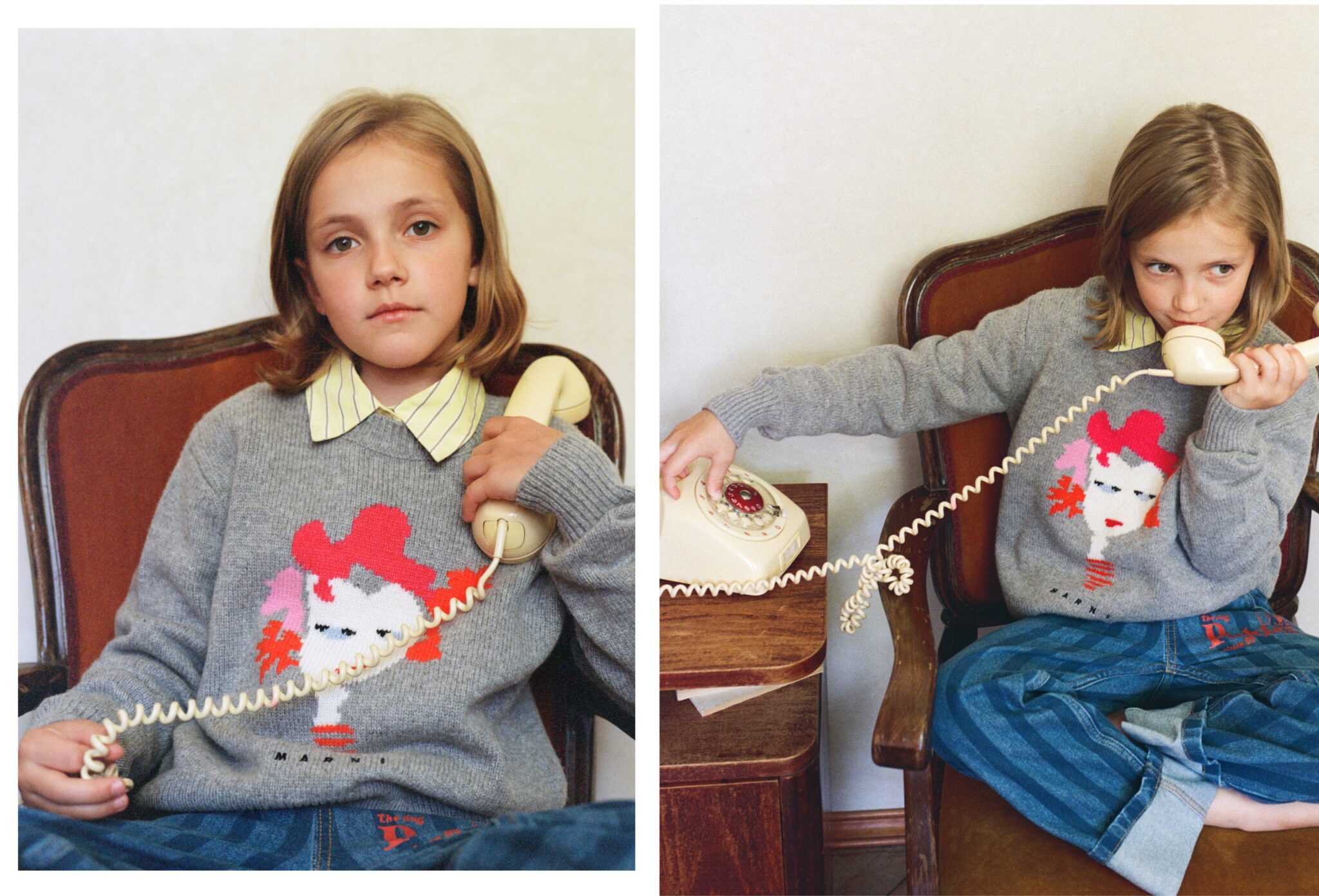 Kids fashion editorial Home Alone photographed and styled by Dasha Chernoglazova, featuring a child in a grey sweater playing with a vintage telephone in a retro home setting for Scimparello Magazine.