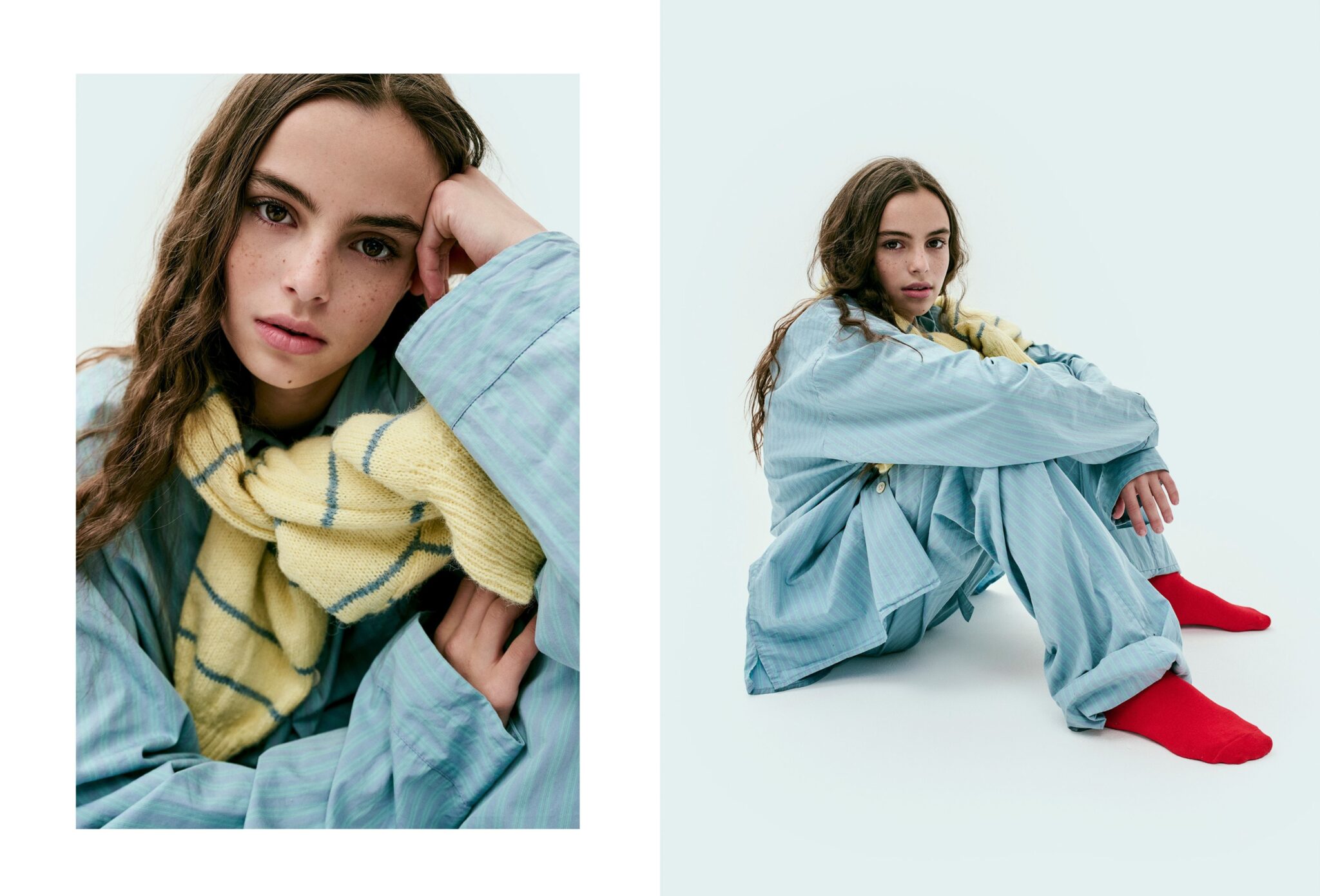 Teen pyjama fashion editorial Day Sleepers photographed by Erin Foster and styled by Julie Williams, featuring a girl in soft blue pyjamas, a pale yellow knit and red socks for Scimparello Magazine.