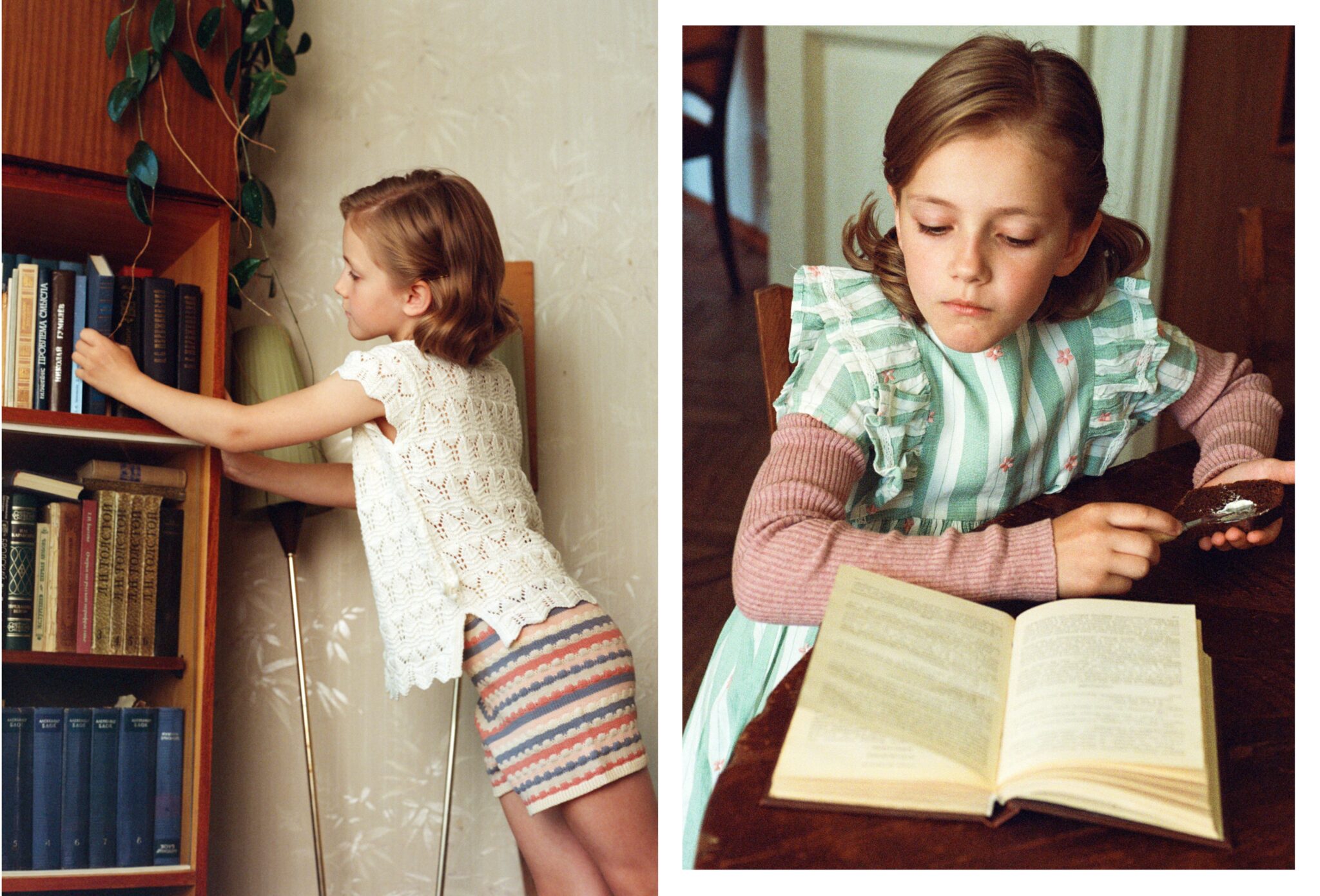 Kids fashion editorial Home Alone photographed and styled by Dasha Chernoglazova, featuring a child in retro-inspired looks reading and exploring a vintage home interior for Scimparello Magazine.