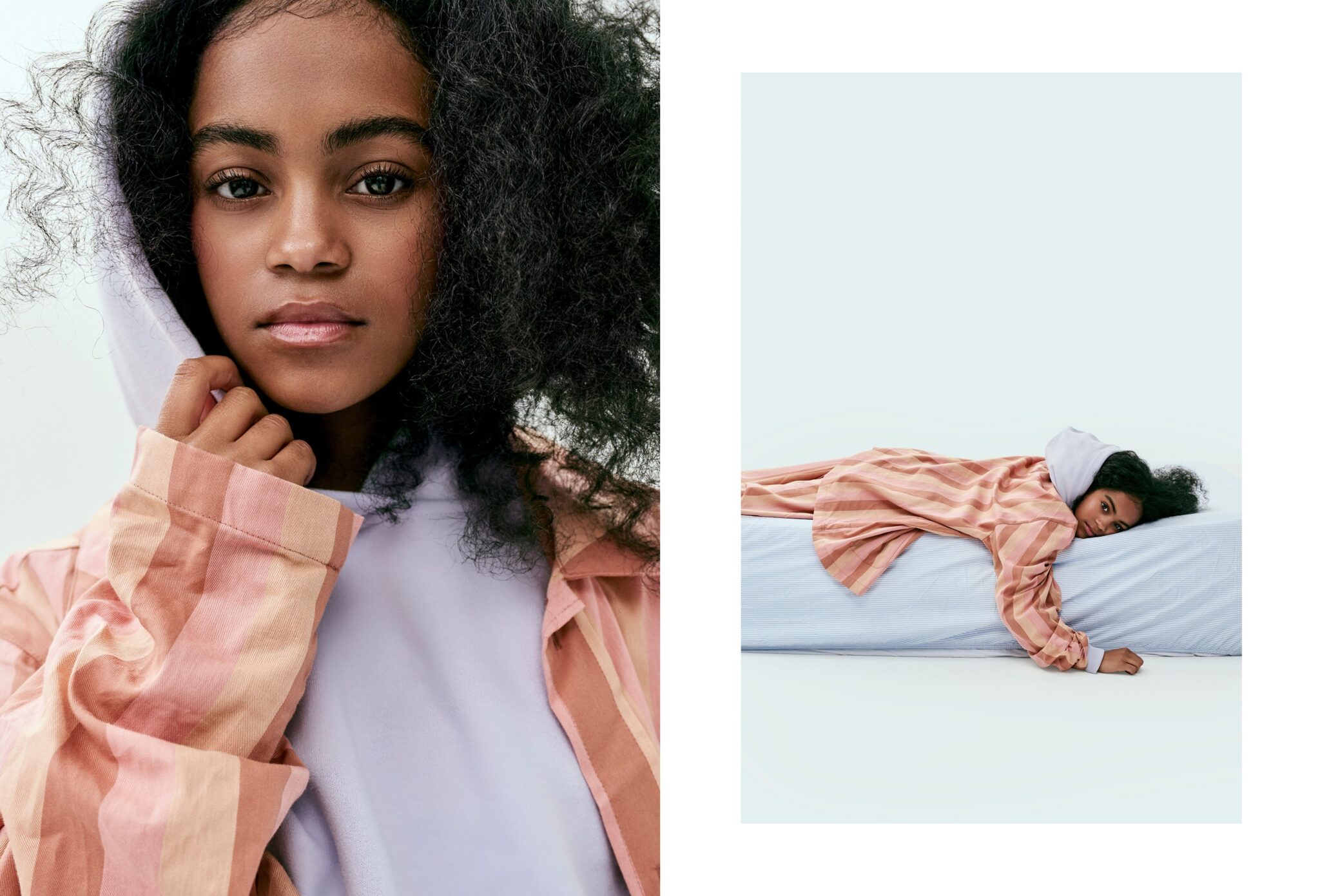 Teen pyjama fashion editorial Day Sleepers photographed by Erin Foster and styled by Julie Williams, featuring a girl in soft pink striped pyjamas layered over a pale hoodie for Scimparello Magazine.