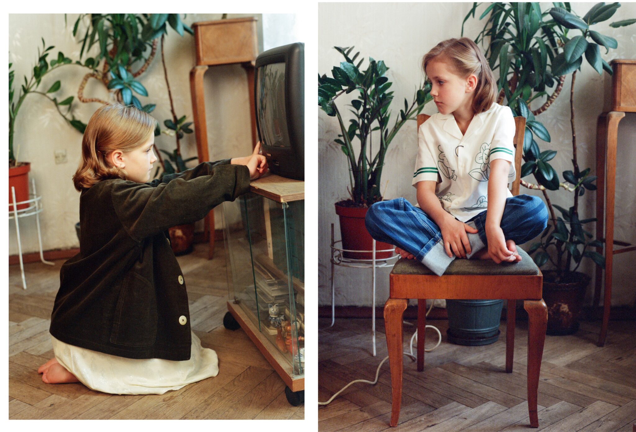 Kids fashion editorial Home Alone photographed and styled by Dasha Chernoglazova, featuring a child in retro-inspired looks exploring a vintage home interior with plants, old furniture and a television for Scimparello Magazine.