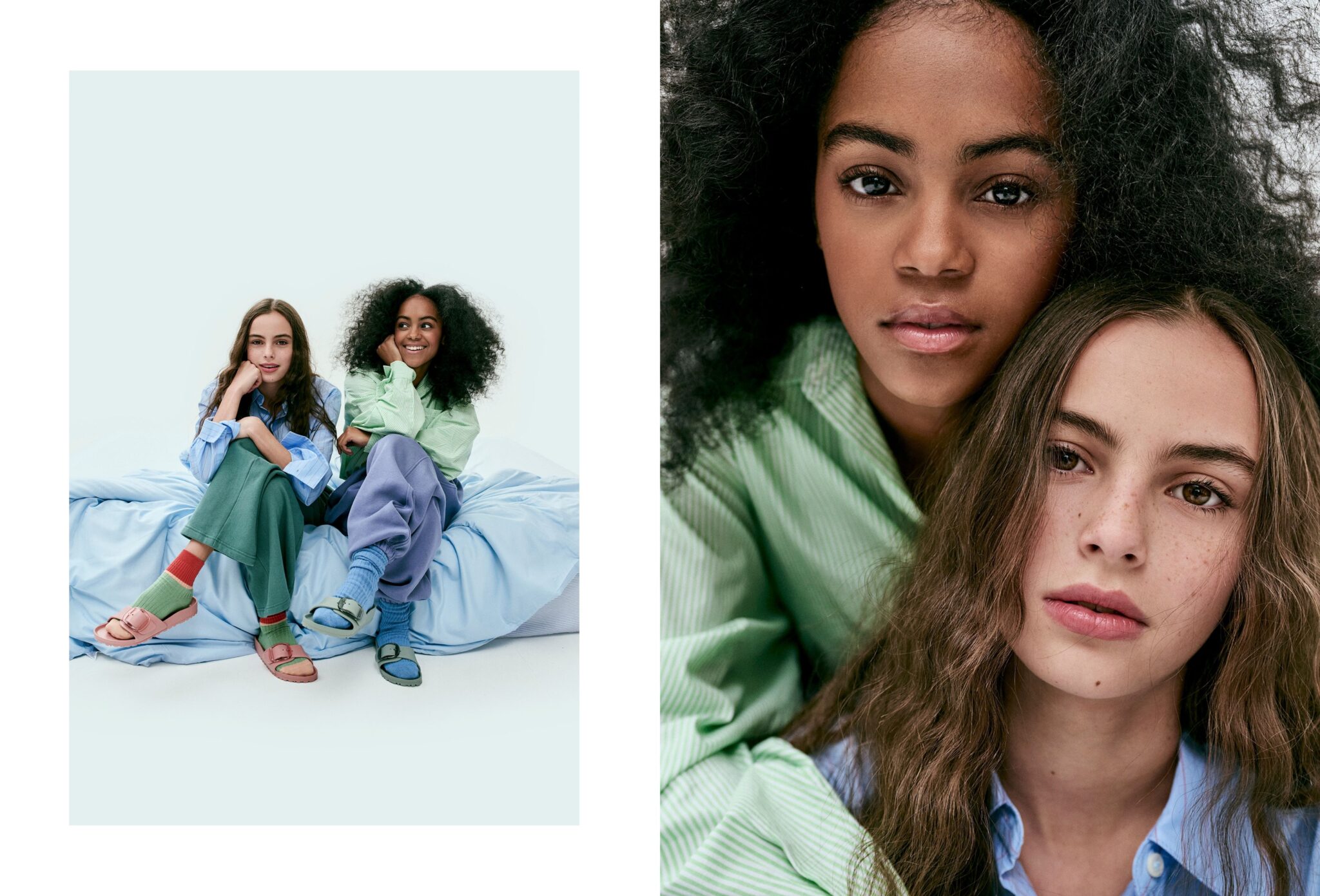 Teen pyjama fashion editorial Day Sleepers photographed by Erin Foster and styled by Julie Williams, featuring two girls in soft pastel sleepwear, colourful socks and relaxed layered looks for Scimparello Magazine.