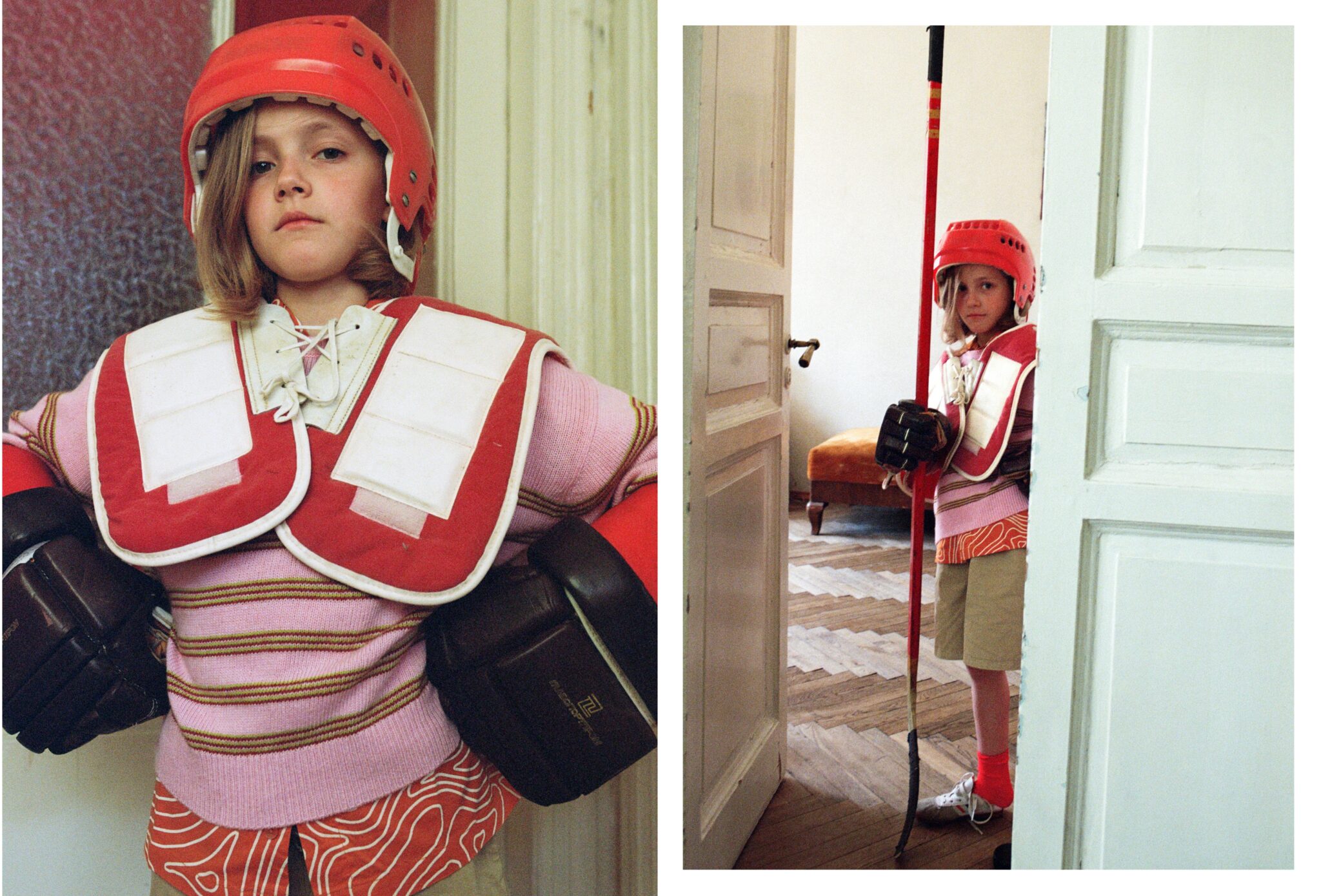 Kids fashion editorial Home Alone photographed and styled by Dasha Chernoglazova, featuring a child in a retro home setting wearing vintage-inspired clothes and playful hockey gear for Scimparello Magazine.