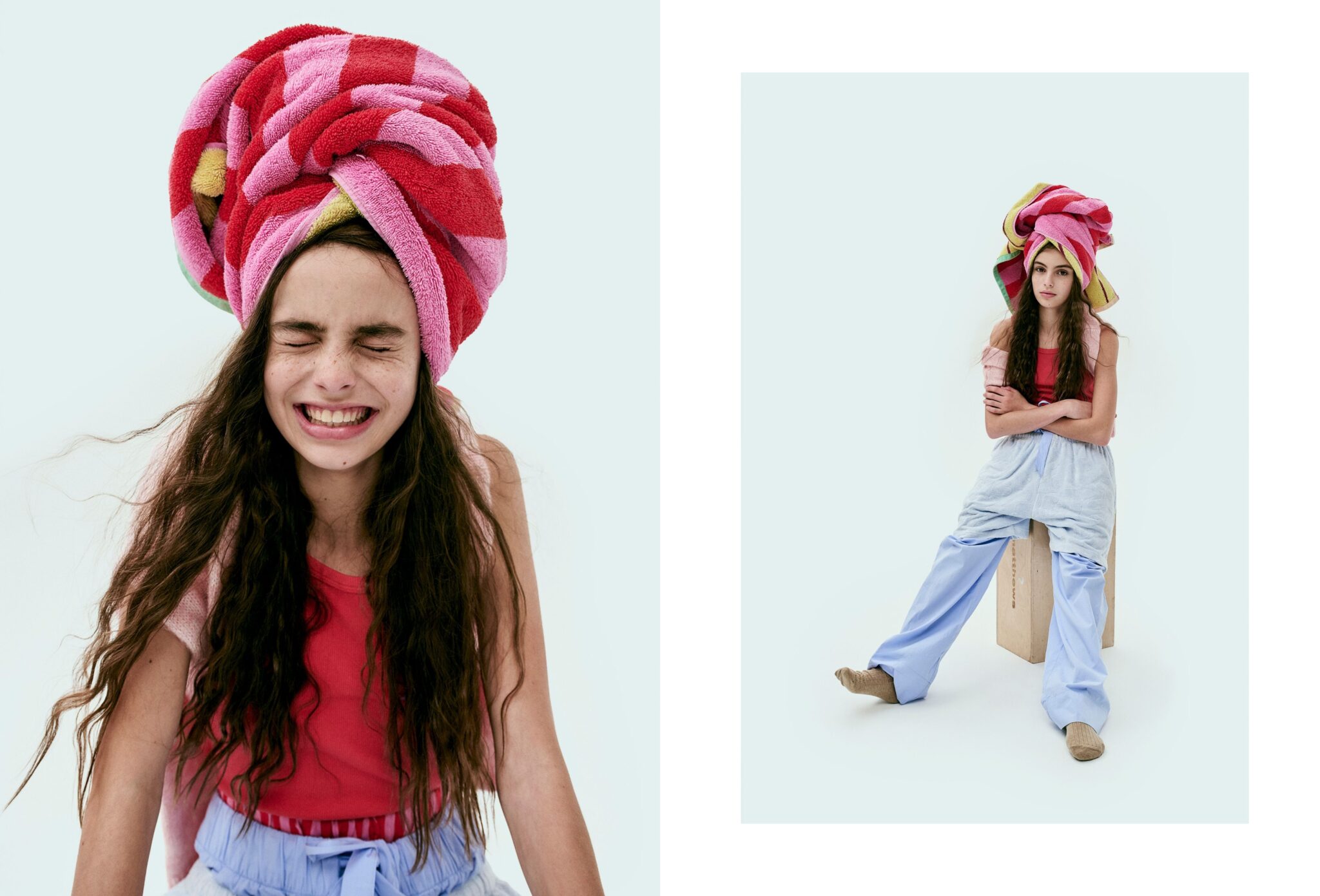 Teen pyjama fashion editorial Day Sleepers photographed by Erin Foster and styled by Julie Williams, featuring a girl in soft sleepwear with a pink towel wrapped around her head for Scimparello Magazine.
