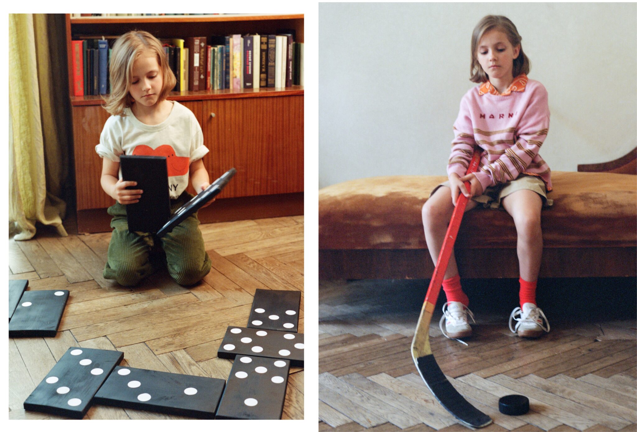 Kids fashion editorial Home Alone photographed and styled by Dasha Chernoglazova, featuring a child playing dominoes and hockey in a retro-inspired home setting for Scimparello Magazine.