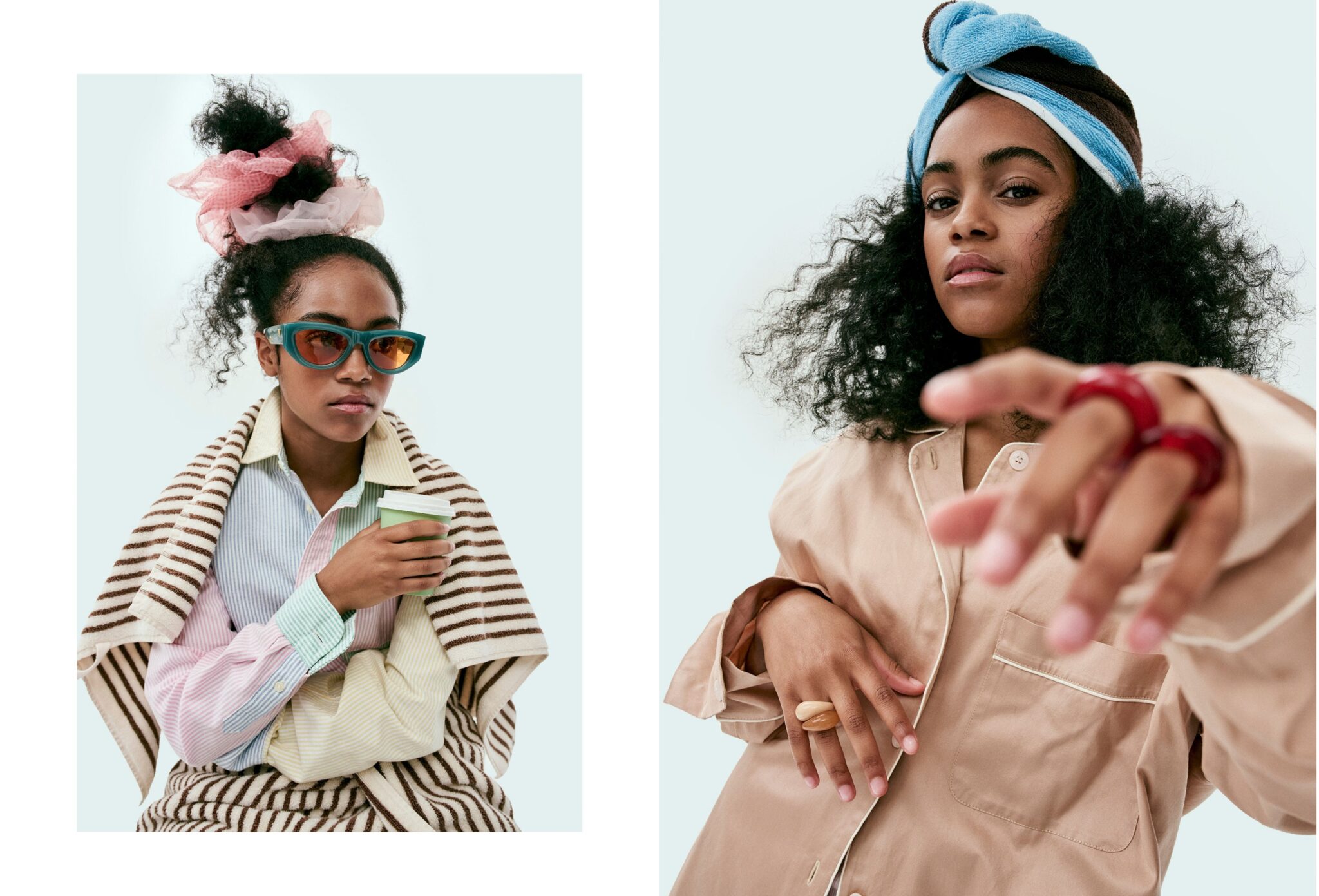 Teen pyjama fashion editorial Day Sleepers photographed by Erin Foster and styled by Julie Williams, featuring relaxed pastel sleepwear, striped layers, towel details and bold accessories for Scimparello Magazine.