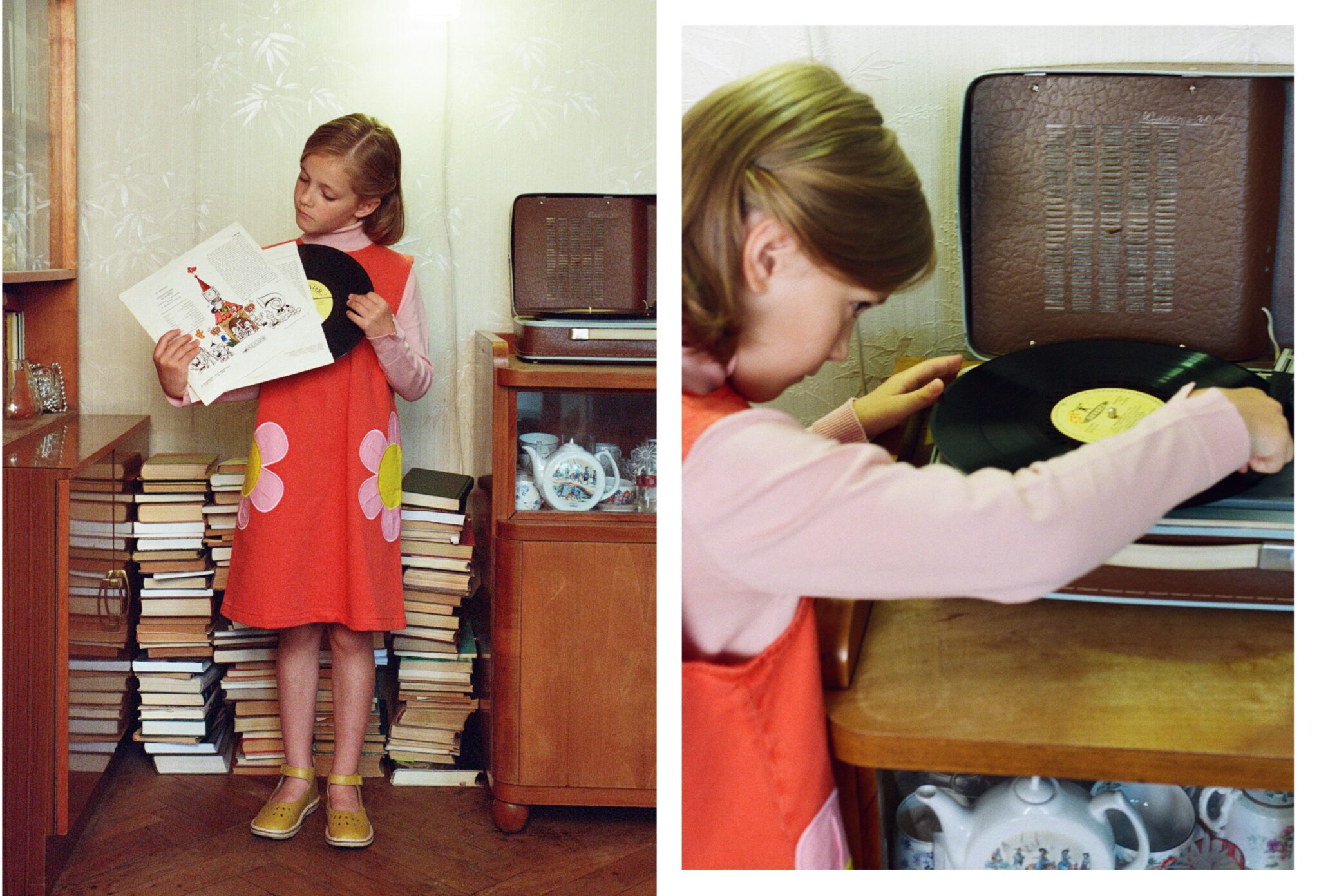 Kids fashion editorial Home Alone photographed and styled by Dasha Chernoglazova, featuring a child in a retro home interior reading beside stacks of books and playing a vinyl record for Scimparello Magazine.
