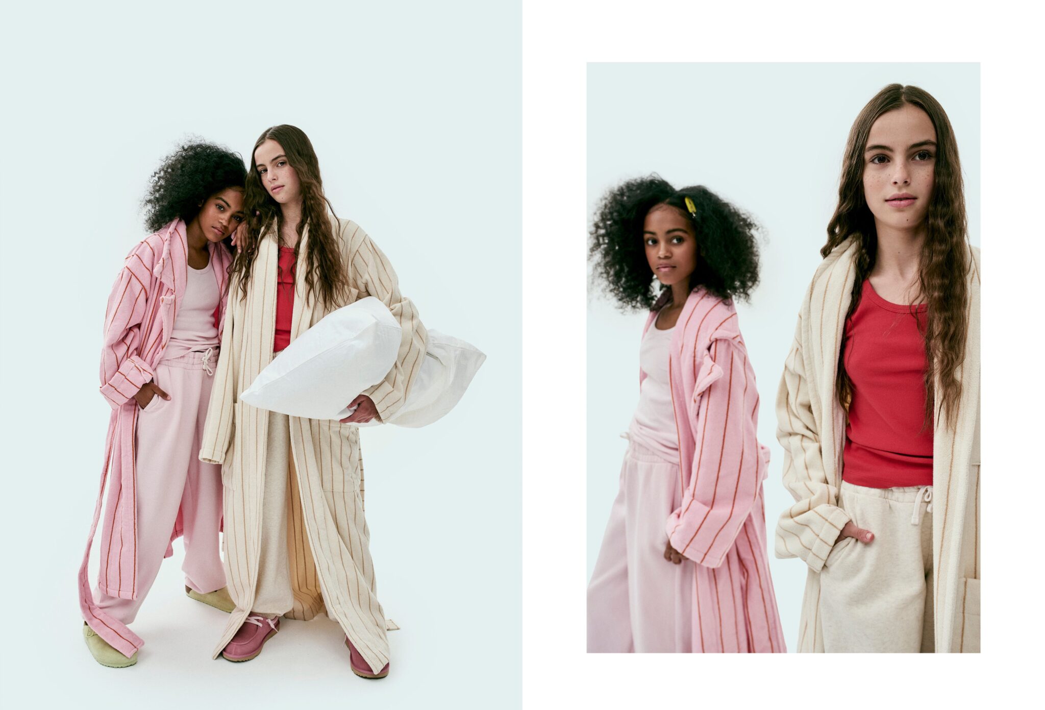 Teen pyjama fashion editorial Day Sleepers, featuring two girls in soft pink and cream sleepwear with striped robes and a pillow, photographed by Erin Foster for Scimparello Magazine.