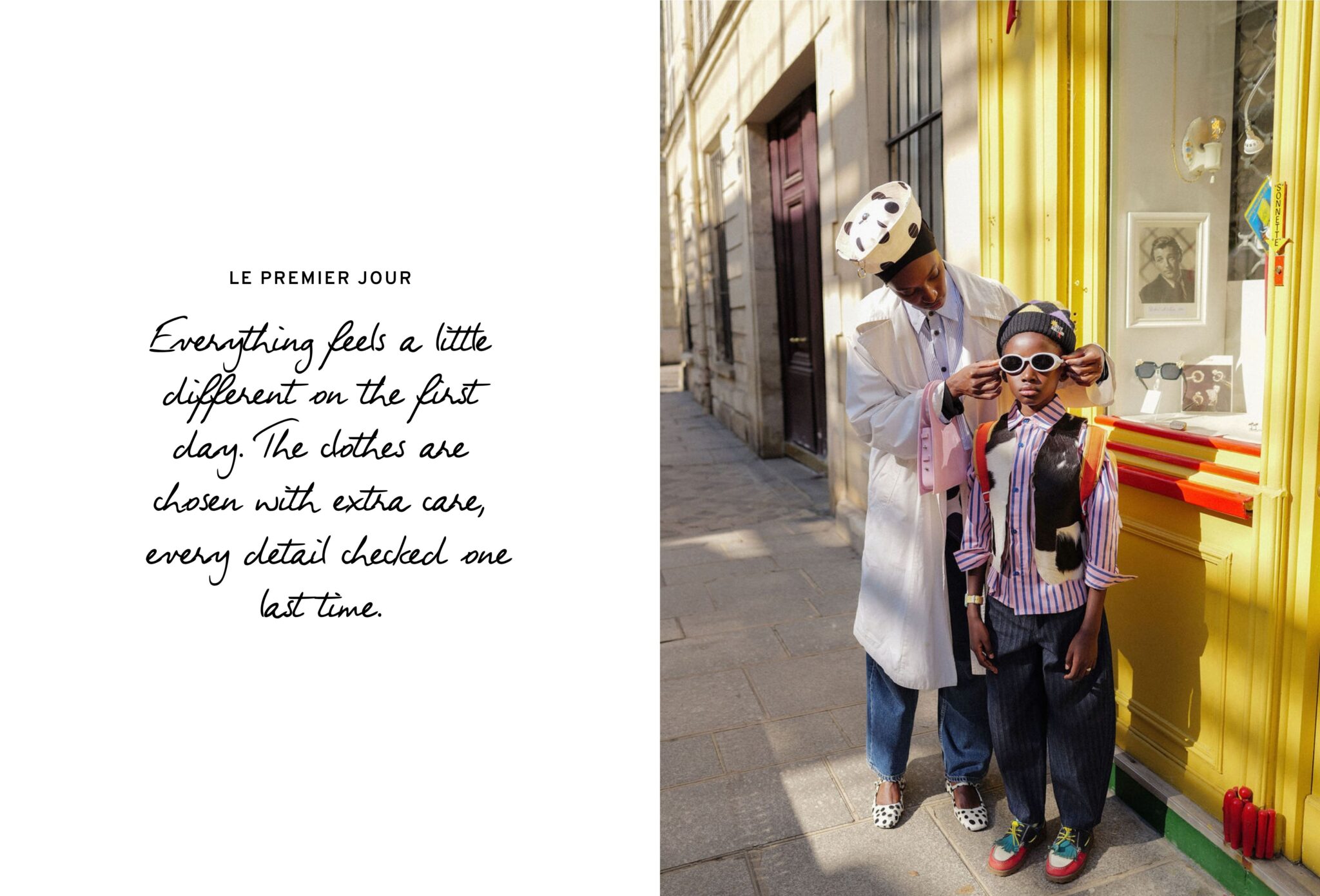 FW26 editorial Les Jours d’École photographed by Diana Tamayo and styled by Mously Kébé, featuring a mother helping her son get ready on the first day of school in Paris for Scimparello Magazine.