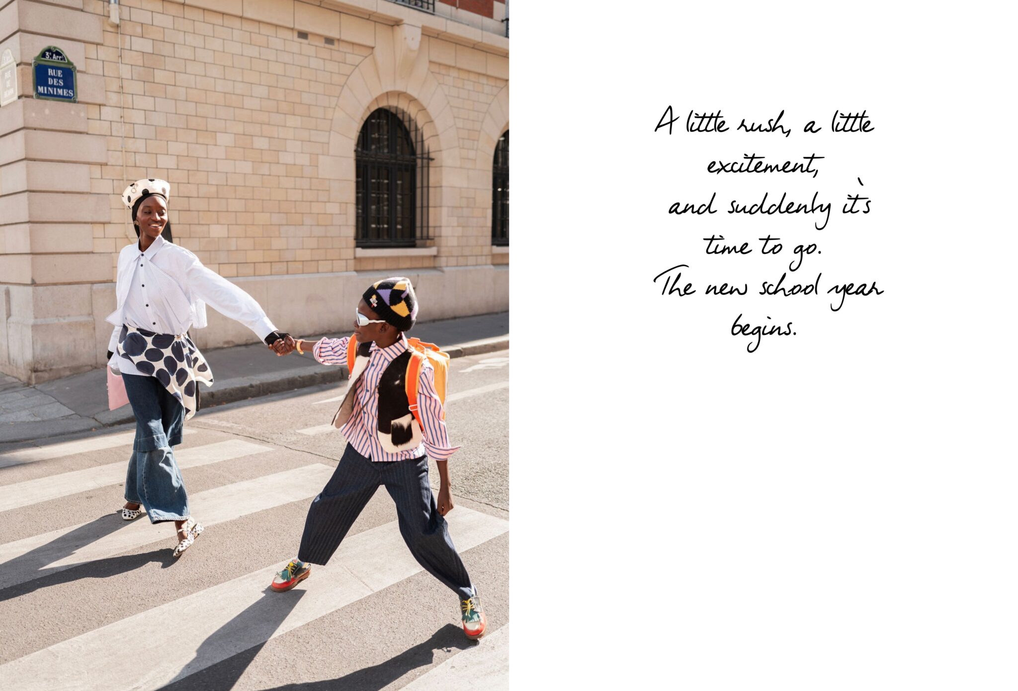 FW26 editorial Les Jours d’École photographed by Diana Tamayo and styled by Mously Kébé, featuring a mother and son crossing a Paris street together on the first day of school for Scimparello Magazine.