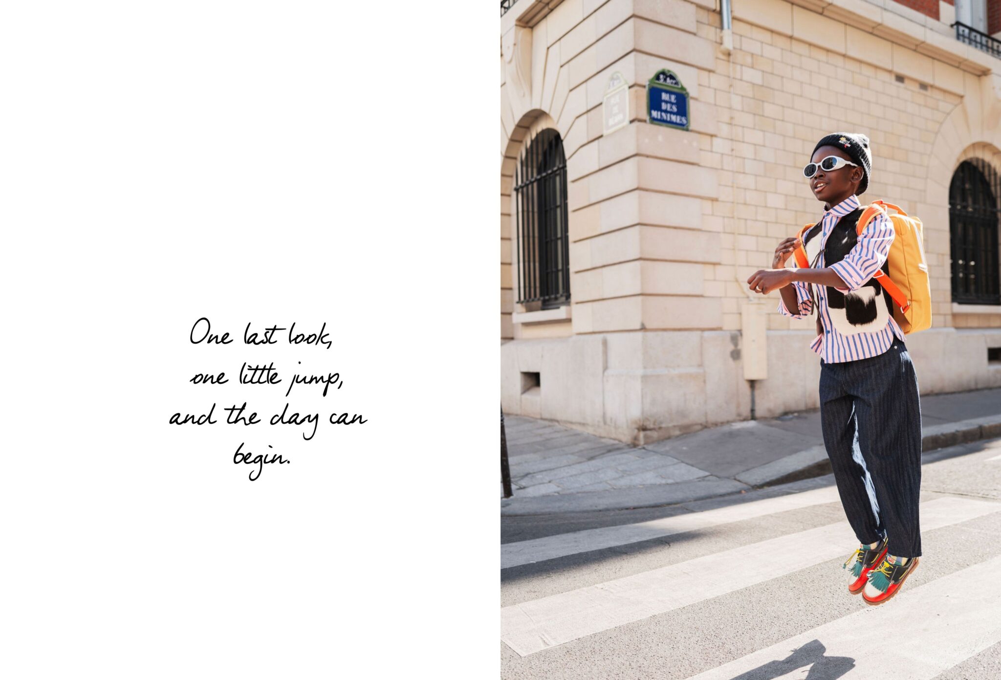 FW26 editorial Les Jours d’École photographed by Diana Tamayo and styled by Mously Kébé, featuring a boy jumping on a Paris crosswalk on the first day of school for Scimparello Magazine.