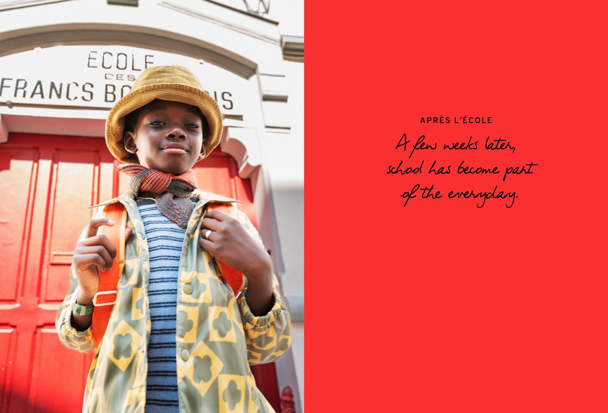 FW26 editorial Les Jours d’École photographed by Diana Tamayo and styled by Mously Kébé, featuring a boy with a backpack outside a Paris school a few weeks after the first day for Scimparello Magazine.