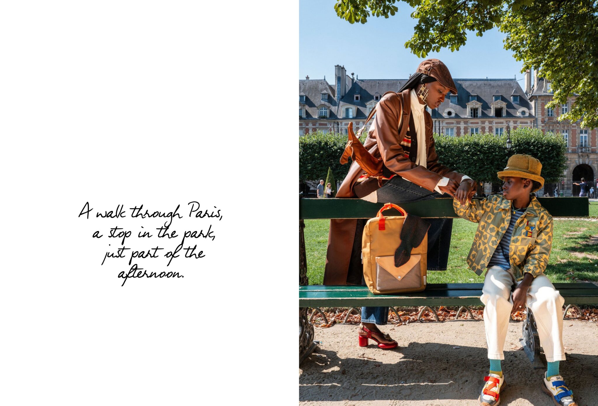 FW26 editorial Les Jours d’École photographed by Diana Tamayo and styled by Mously Kébé, featuring a mother and son sharing a quiet moment on a park bench in Paris after school for Scimparello Magazine.