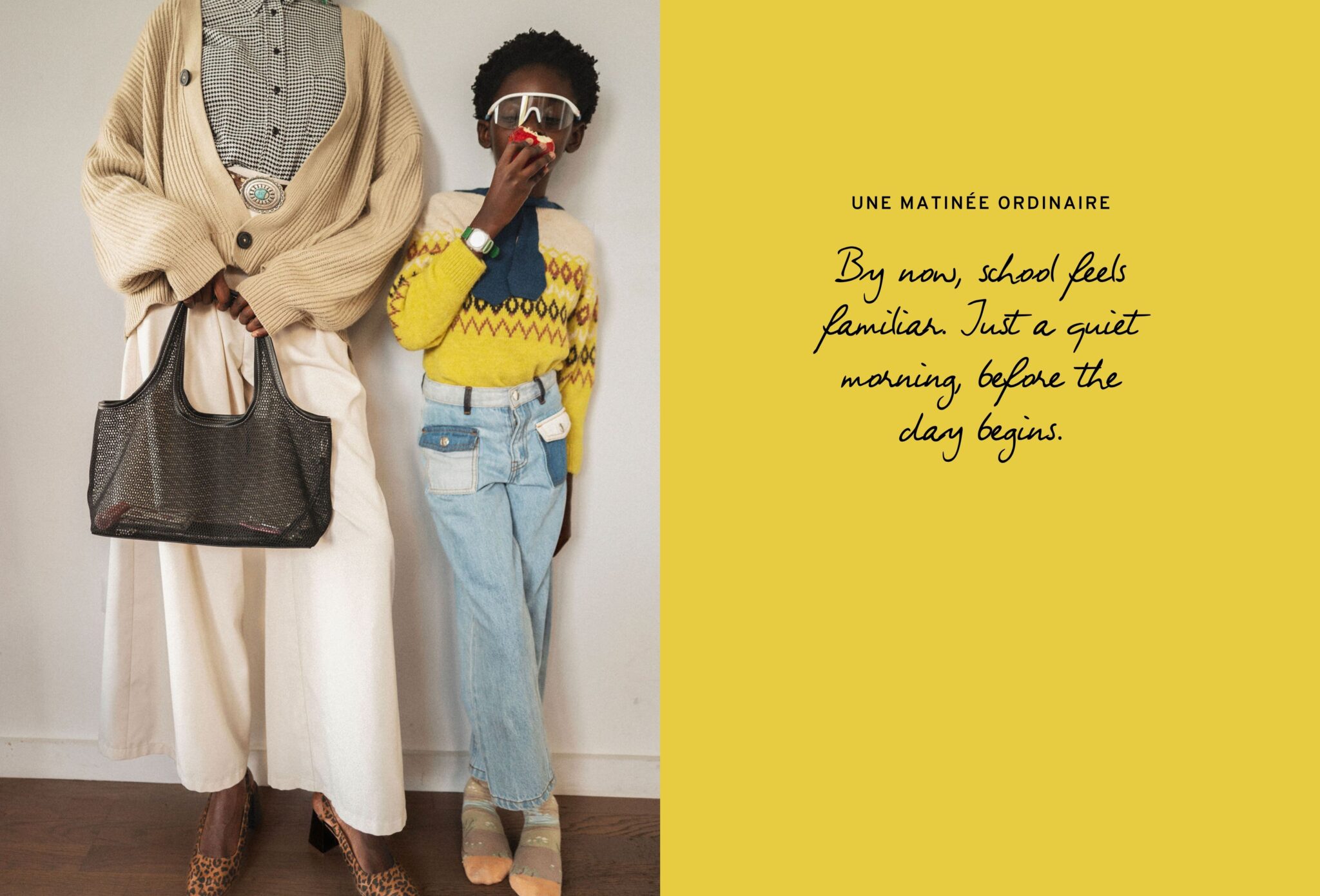 FW26 editorial Les Jours d’École photographed by Diana Tamayo and styled by Mously Kébé, featuring a mother and son during a quiet ordinary morning before school for Scimparello Magazine.