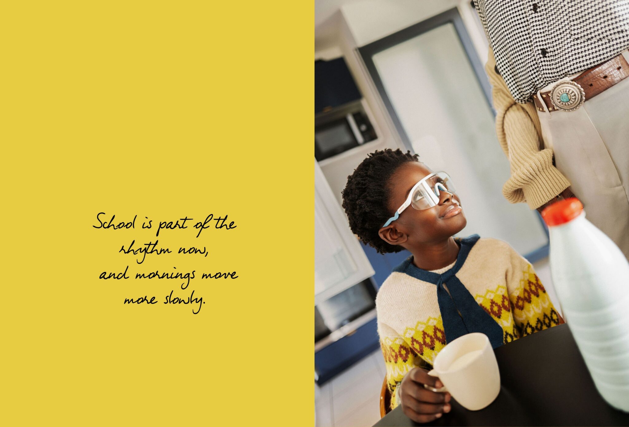 FW26 editorial Les Jours d’École photographed by Diana Tamayo and styled by Mously Kébé, featuring a son sharing a quiet breakfast moment with his mother before school for Scimparello Magazine.