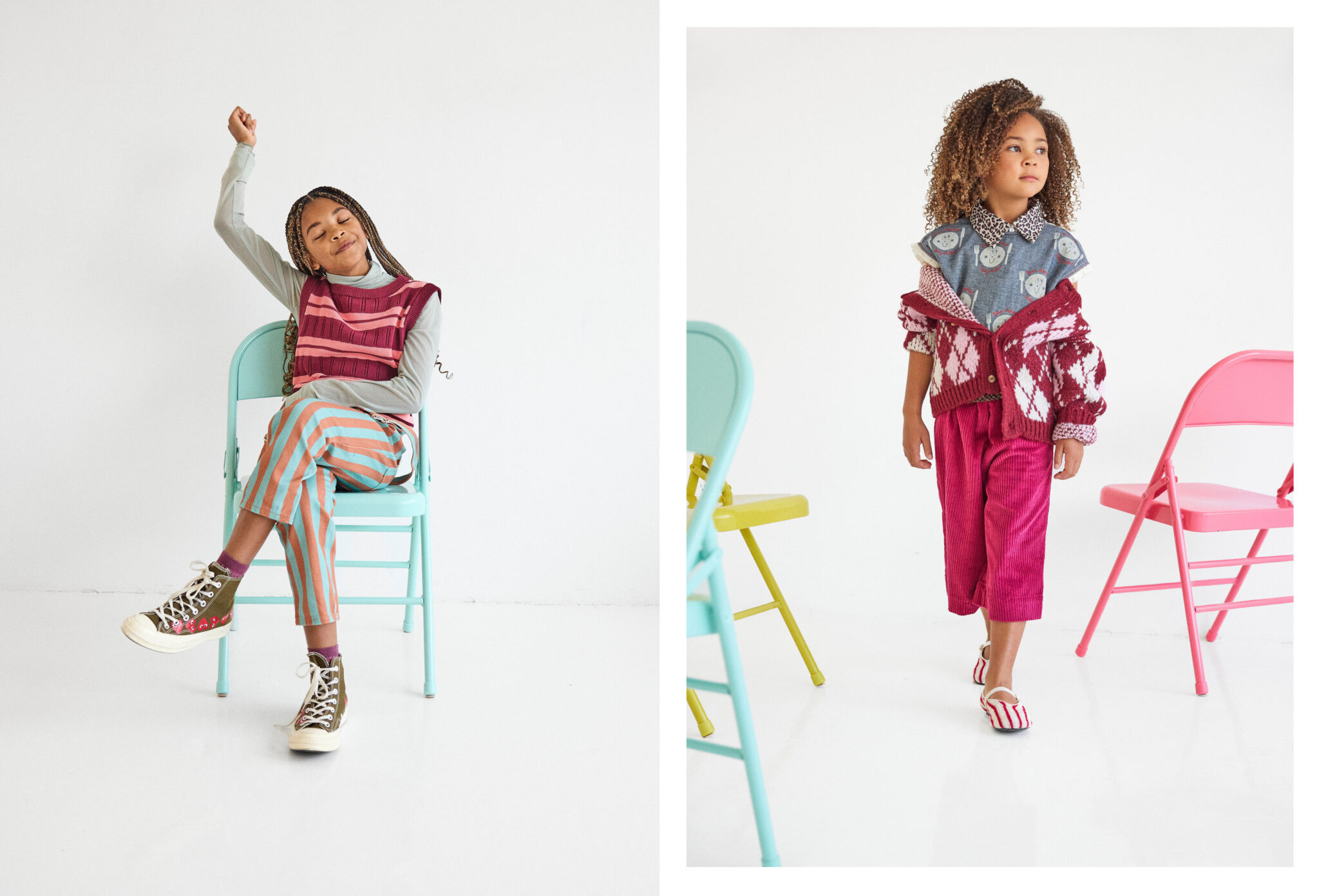 Kids fashion editorial The Chairs Volume Two photographed by Colleen Chrzanowski and styled by Maria Montane, featuring children in colourful layered looks with pastel chairs in a white studio for Scimparello Magazine.