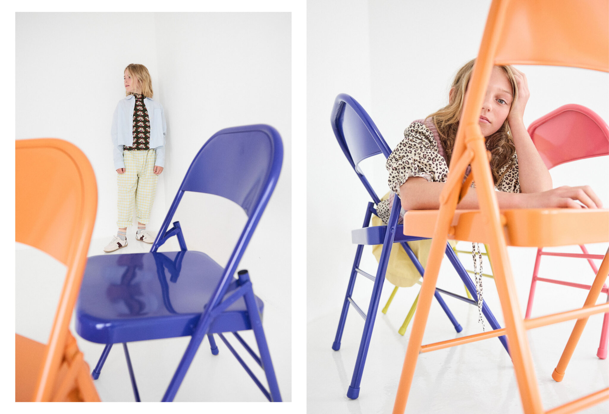 Kids fashion editorial The Chairs Volume Two photographed by Colleen Chrzanowski and styled by Maria Montane, featuring children in playful layered looks surrounded by orange, blue, yellow and pink chairs in a white studio for Scimparello Magazine.