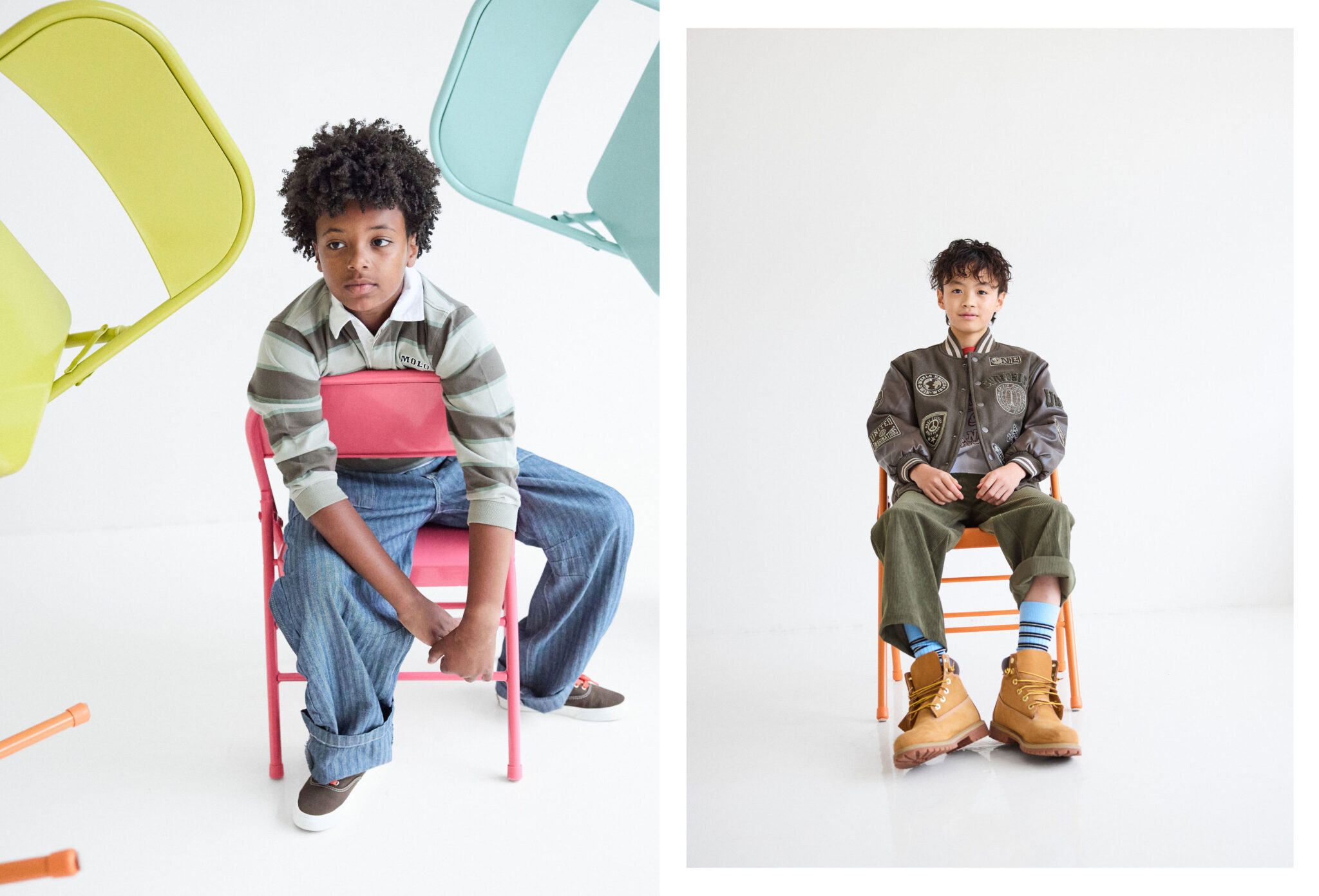 Kids fashion editorial The Chairs Volume Two photographed by Colleen Chrzanowski and styled by Maria Montane, featuring boys in layered casual looks posing with colourful chairs in a white studio for Scimparello Magazine.