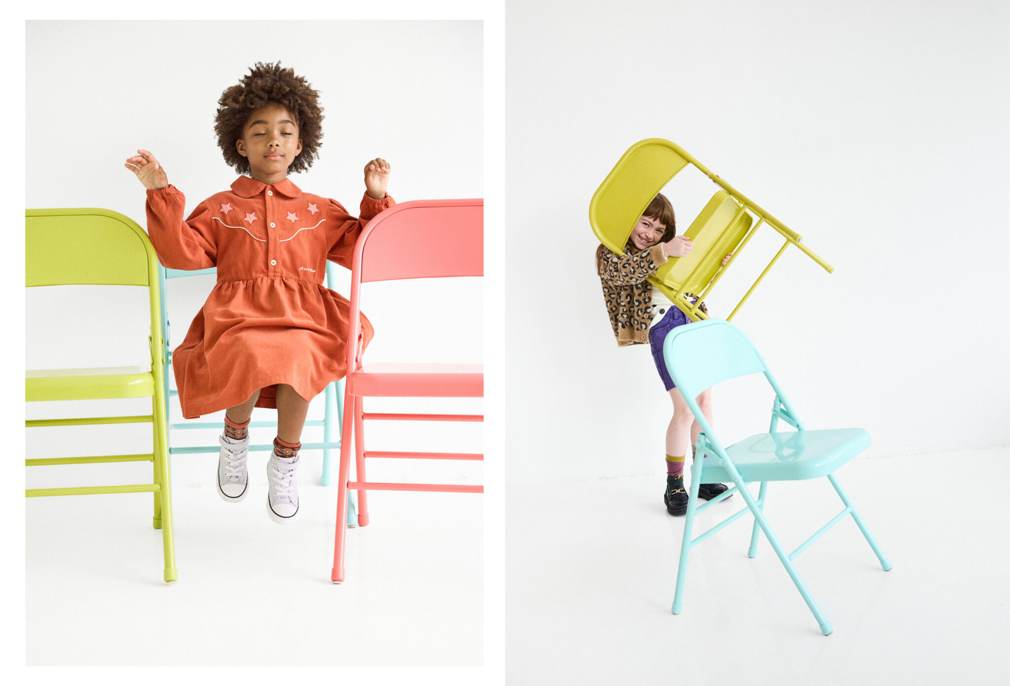 Kids fashion editorial The Chairs Volume Two photographed by Colleen Chrzanowski and styled by Maria Montane, featuring children playing with colourful chairs in a white studio for Scimparello Magazine.