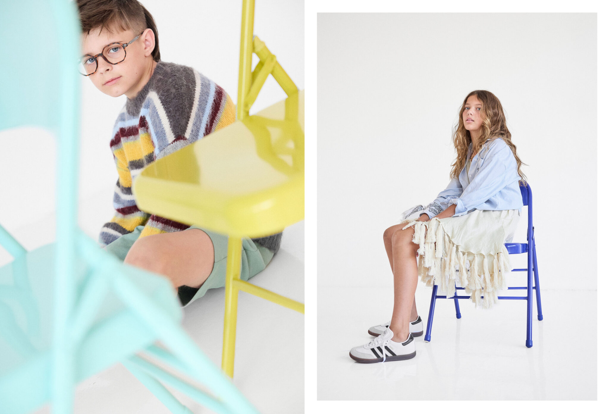 Kids fashion editorial The Chairs Volume Two photographed by Colleen Chrzanowski and styled by Maria Montane, featuring children in layered fashion looks posing with colourful chairs in a white studio for Scimparello Magazine.
