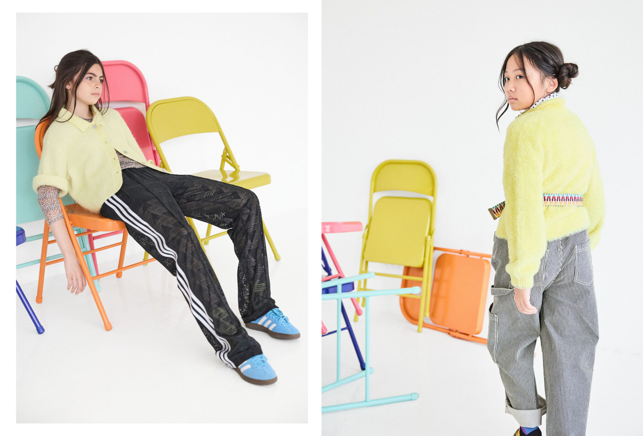 Kids fashion editorial The Chairs Volume Two photographed by Colleen Chrzanowski and styled by Maria Montane, featuring children in bold layered looks posing with colourful chairs in a white studio for Scimparello Magazine.