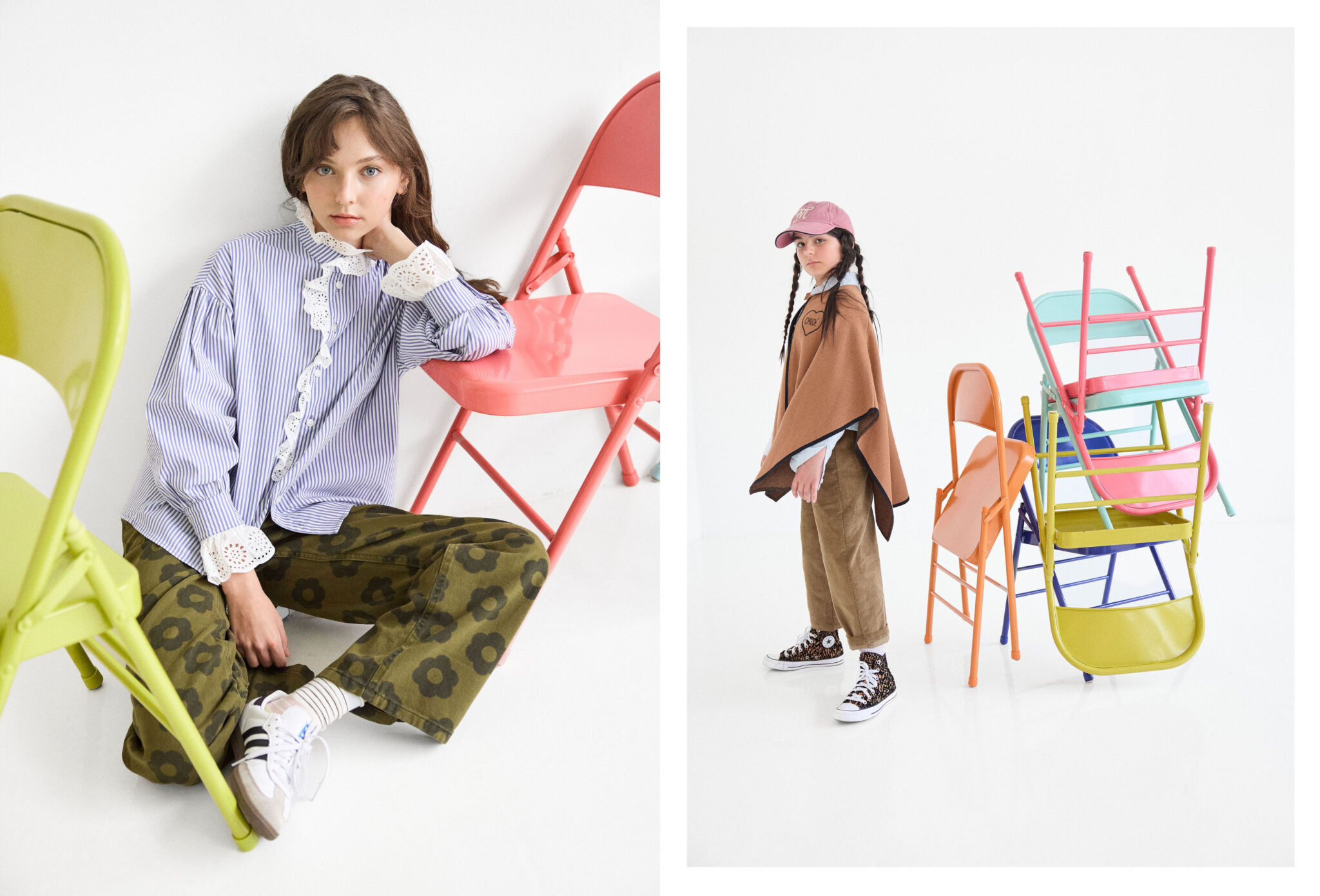 Kids fashion editorial The Chairs Volume Two photographed by Colleen Chrzanowski and styled by Maria Montane, featuring children in layered looks posing with colourful chairs and a sculptural stack of chairs in a white studio for Scimparello Magazine.