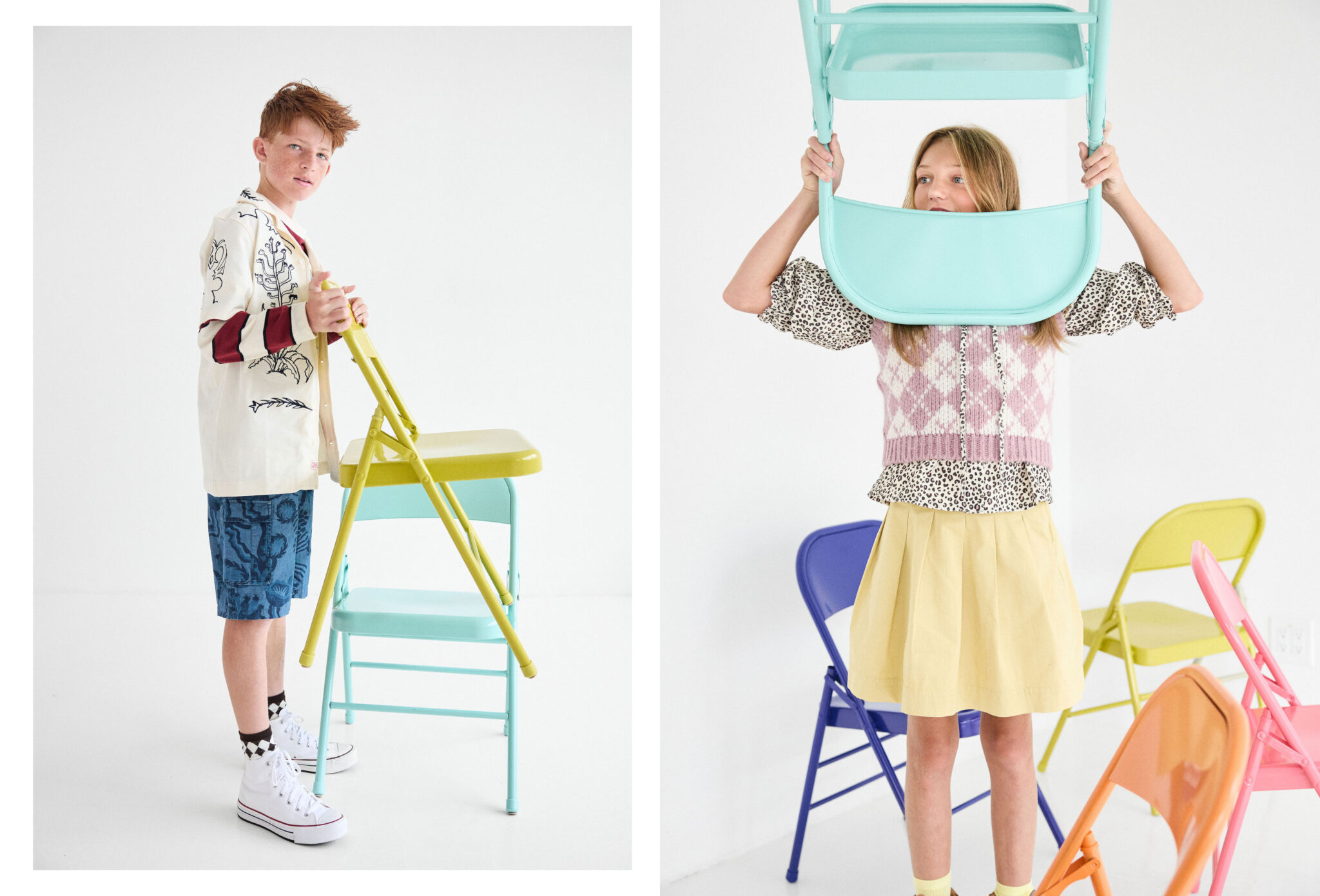 Kids fashion editorial The Chairs Volume Two photographed by Colleen Chrzanowski and styled by Maria Montane, featuring children playing with pastel chairs in a white studio for Scimparello Magazine.