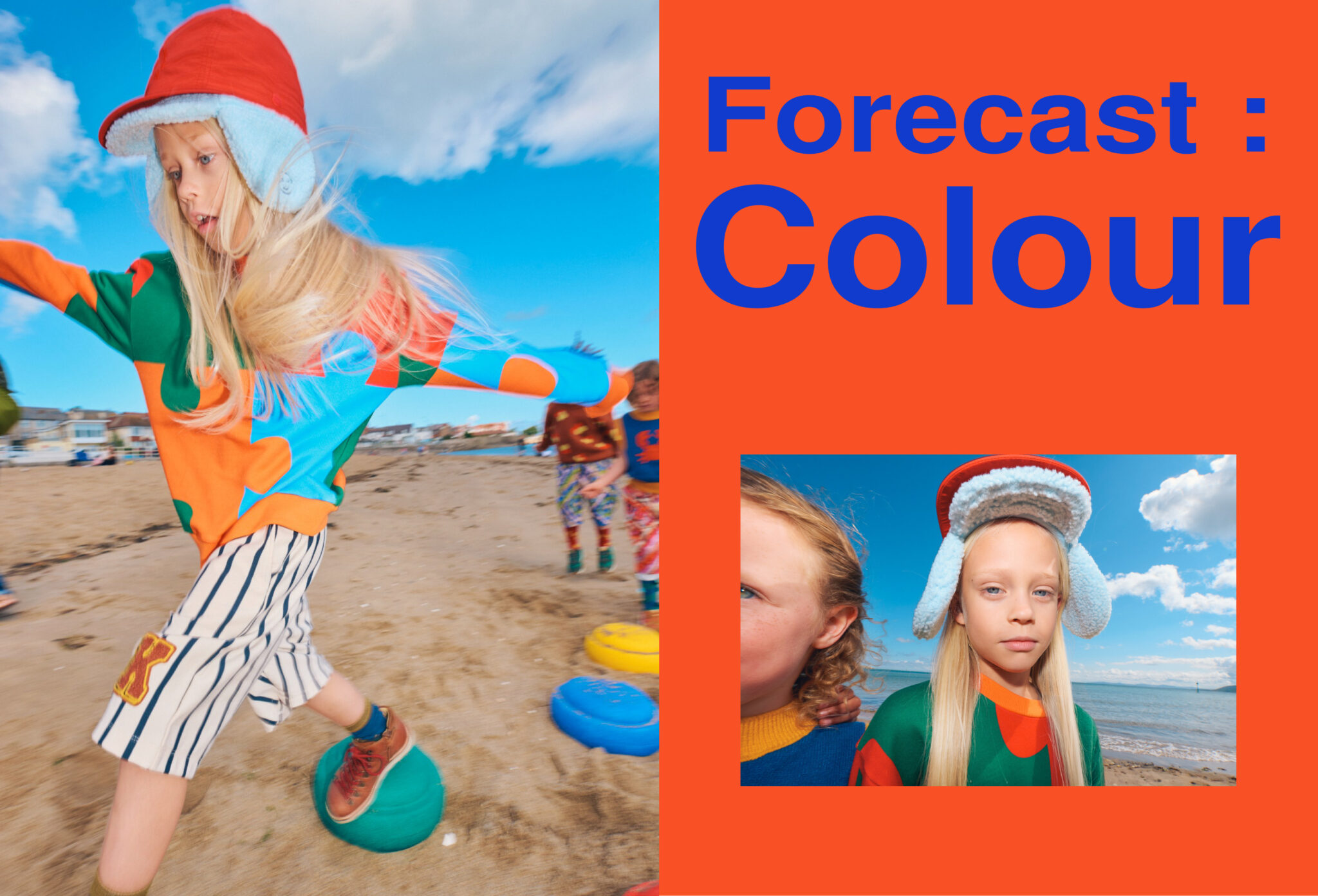 Forecast: Colour fashion editorial photographed by Alma Rosaz, featuring children in bright colourful looks playing on the beach for Scimparello Magazine.