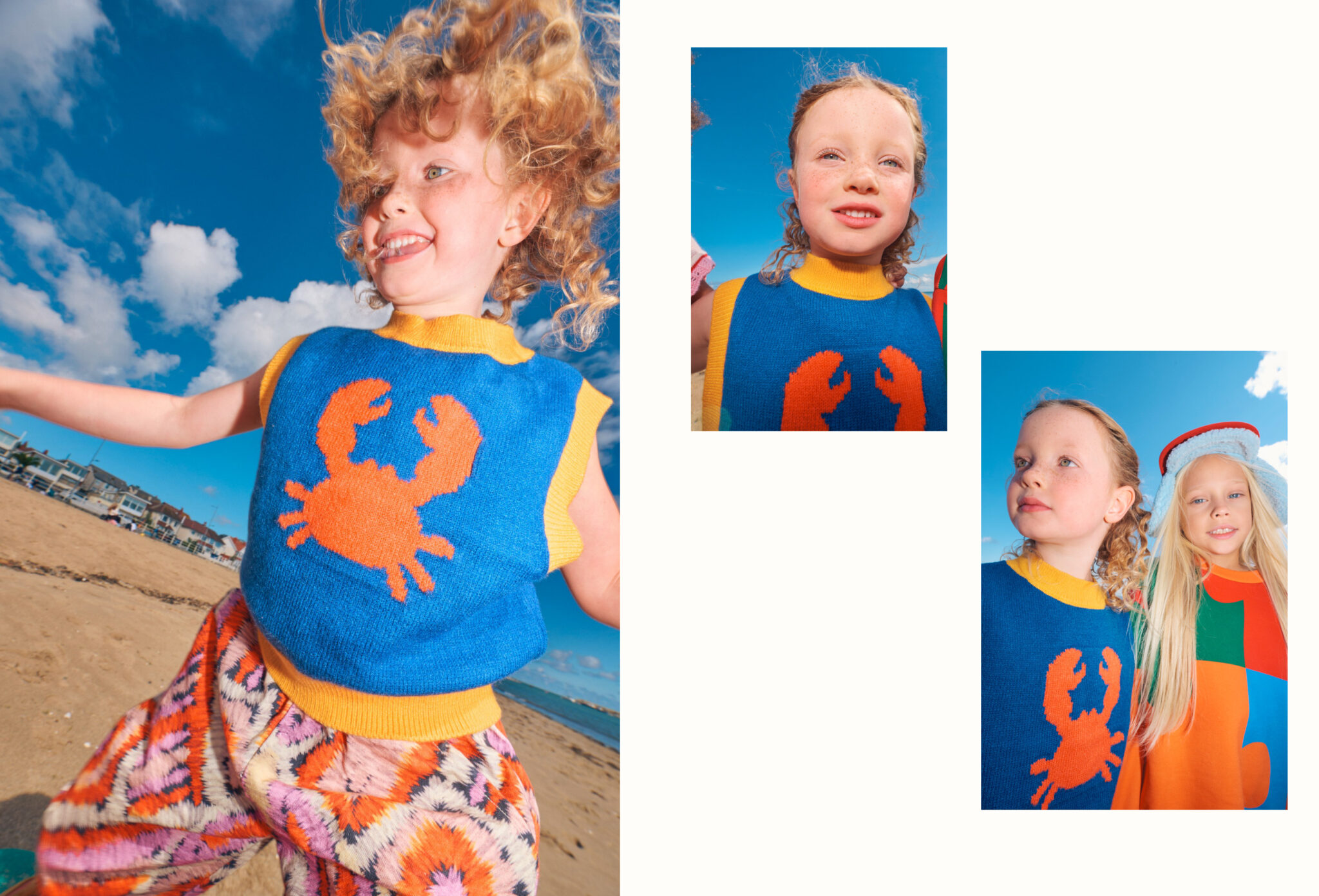 Forecast: Colour fashion editorial photographed by Alma Rosaz, featuring children in bold colourful beach looks, blue sky and bright knitwear for Scimparello Magazine.